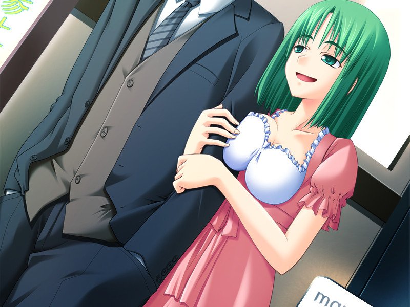 yamagata anzu, specialite!, game cg, source request, 1boy, 1girl, breast press, breasts, green eyes, green hair, specialty, troll face, vest