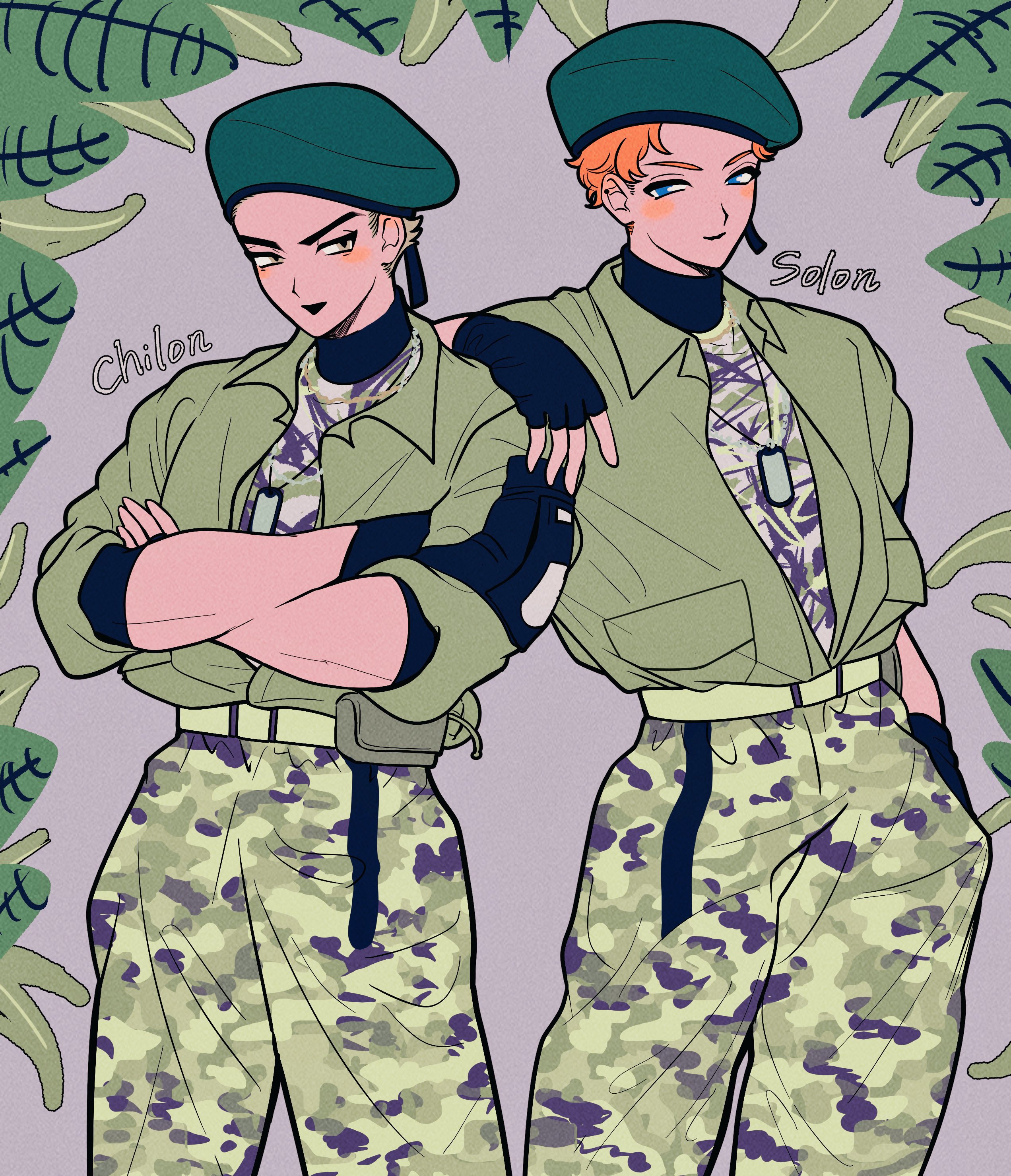 busujima mason rio, hypnosis mic, absurdres, highres, 1boy, belt, belt pouch, beret, black gloves, blonde hair, blue eyes, blush, camouflage, camouflage pants, camouflage shirt, collared shirt, contrast collar, cowboy shot, crossed arms, dog tags, ear blush, ear piercing, earrings, eye contact, film grain, fingerless gloves, foliage, gloves, green belt, green hat, green shirt, grey background, hand in pocket, hand on another's shoulder, hat, jewelry, kubiki (hypnosis mic), light smile, looking at another, male focus, mismatched eyebrows, open clothes, open shirt, orange hair, pants, piercing, pouch, sakuranbo291, shirt, shirt tucked in, short hair, side-by-side, sideburns, sleeves pushed up, stud earrings, thick outlines, triangle mouth, turtleneck, v-shaped eyebrows, very short hair, wavy hair, yellow eyes