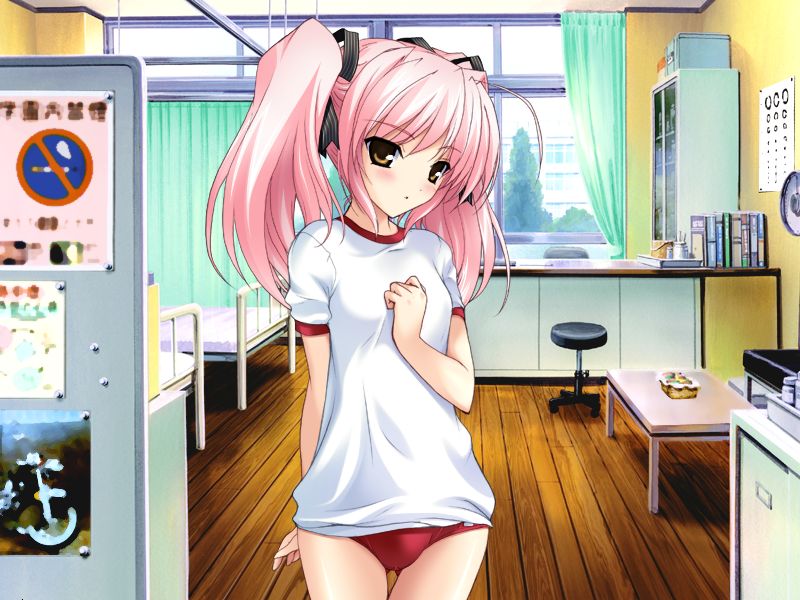 onigirikun, shihoudou narika, choukou (alicesoft), choukou sennin haruka, game cg, jpeg artifacts, non-web source, 00s, 1girl, buruma, clinic, female focus, gym uniform, infirmary, long hair, orange eyes, pink hair, solo, tachi-e, twintails