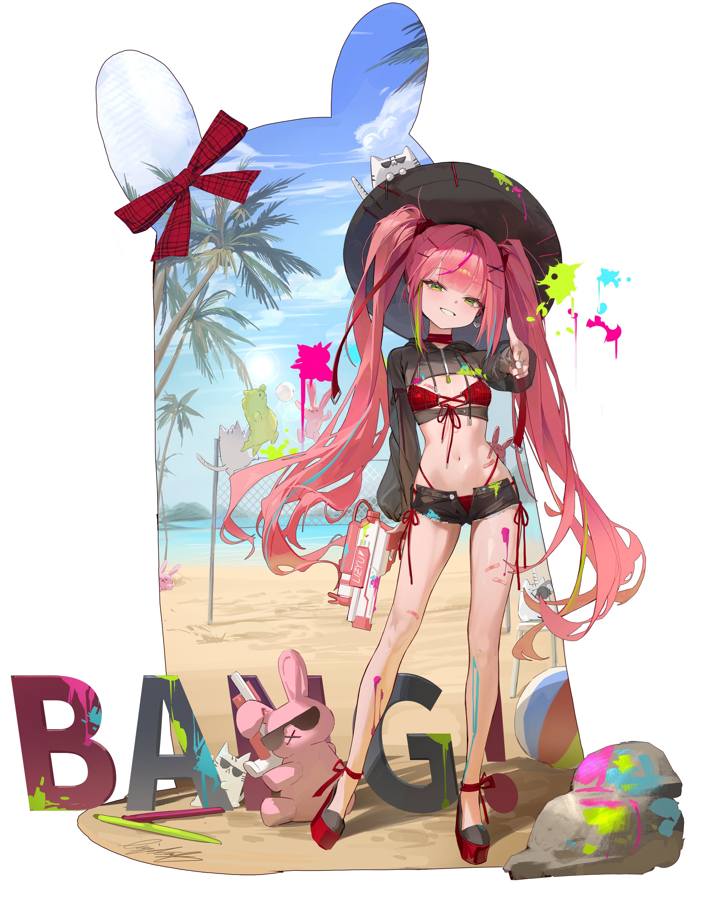 lizchief, hanako nana, peto (hanako nana), stellive, absurdres, commentary request, highres, korean commentary, 1girl, ankle ribbon, aqua streaks, arm at side, ball, bandaid, bandaid on chest, bandaid on leg, bandaid on stomach, beach, beachball, bikini, bikini under shorts, black hat, black shorts, black shrug, blue sky, border, creature, day, english text, finger gun, flat chest, full body, green eyes, green streaks, grin, hair ornament, hair ribbon, hairclip, hand up, hat, holding, holding water gun, hooded shrug, leg ribbon, long hair, long sleeves, looking at viewer, micro shorts, multicolored hair, multicolored shoes, navel, open clothes, open fly, open shorts, outdoors, outside border, paint on body, paint splatter, palm tree, pink hair, pink streaks, red bikini, red ribbon, ribbon, see-through clothes, see-through shrug, shorts, shrug (clothing), sky, smile, standing, stomach, streaked hair, sun hat, swimsuit, tree, twintails, very long hair, virtual youtuber, volleyball net, water gun, white border, x hair ornament