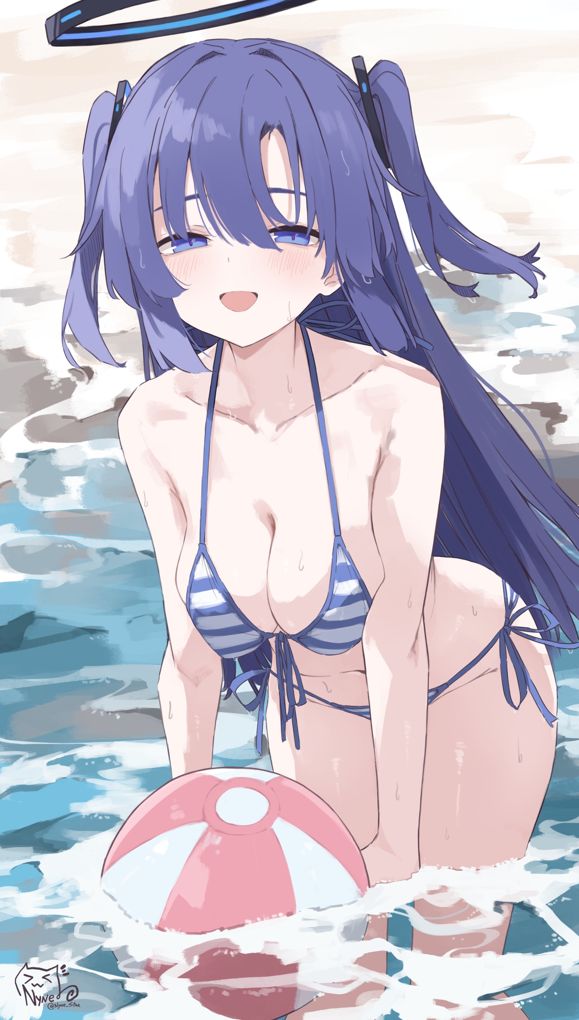 nyne star, yuuka (blue archive), blue archive, commentary, highres, 1girl, alternate costume, ball, beach, beachball, bikini, blush, breasts, collarbone, front-tie bikini top, front-tie top, halo, large breasts, long hair, looking at viewer, multicolored bikini, navel, outdoors, purple eyes, purple hair, refraction, side-tie bikini bottom, signature, smile, solo, stomach, string bikini, striped bikini, striped clothes, swimsuit, two-tone bikini, two side up, very long hair, wading