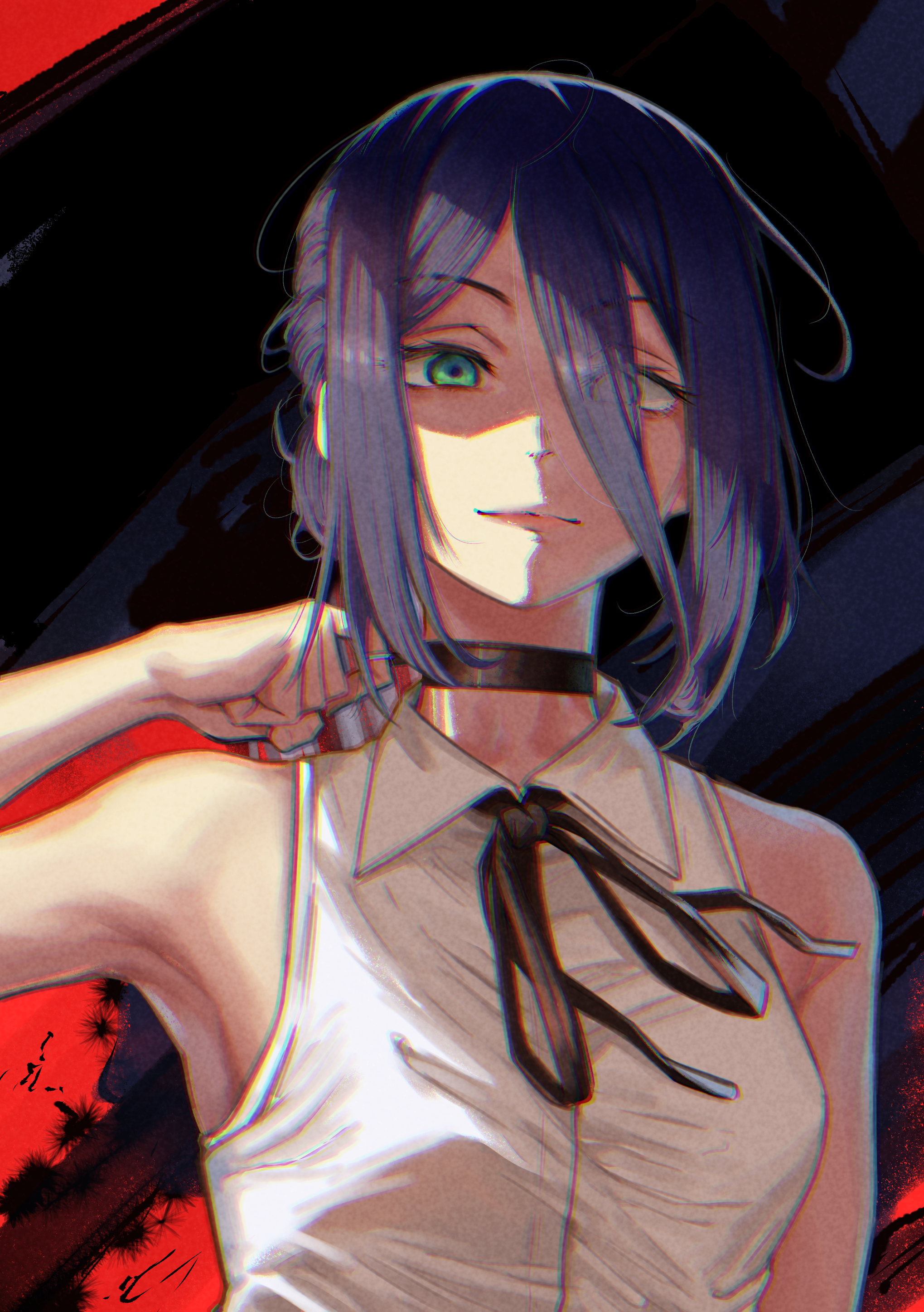 kakya7574, reze (chainsaw man), chainsaw man, absurdres, highres, 1girl, black choker, black hair, black ribbon, choker, closed mouth, collared shirt, green eyes, grenade pin, hair between eyes, looking at viewer, neck ribbon, ribbon, shirt, sleeveless, sleeveless shirt, solo, white shirt