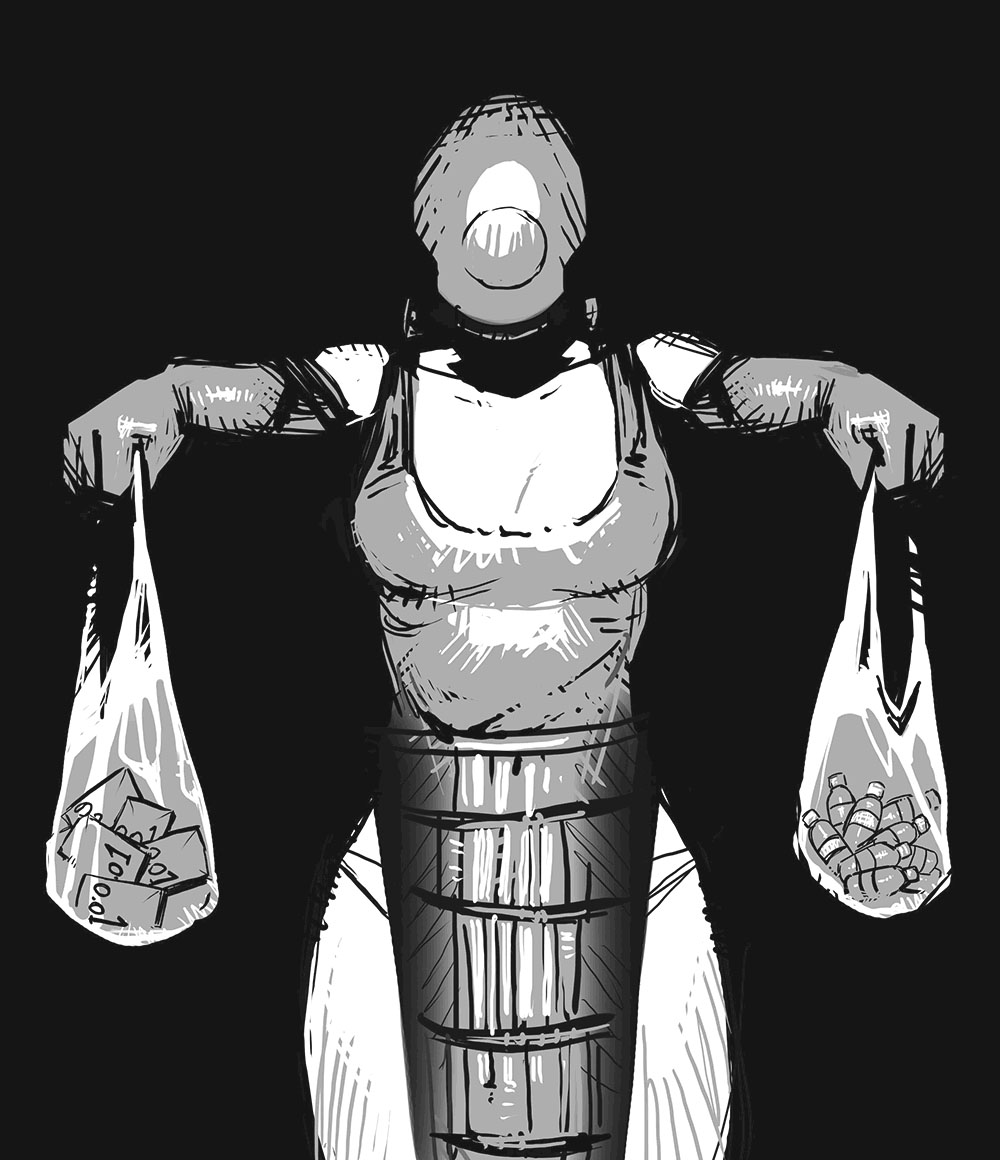tomatoketchup96, bomb devil (chainsaw man), chainsaw man, 1girl, apron, bag, breasts, dynamite, elbow gloves, explosive, gloves, greyscale, holding, holding bag, medium breasts, monochrome, object head, panties, shopping bag, solo, underwear