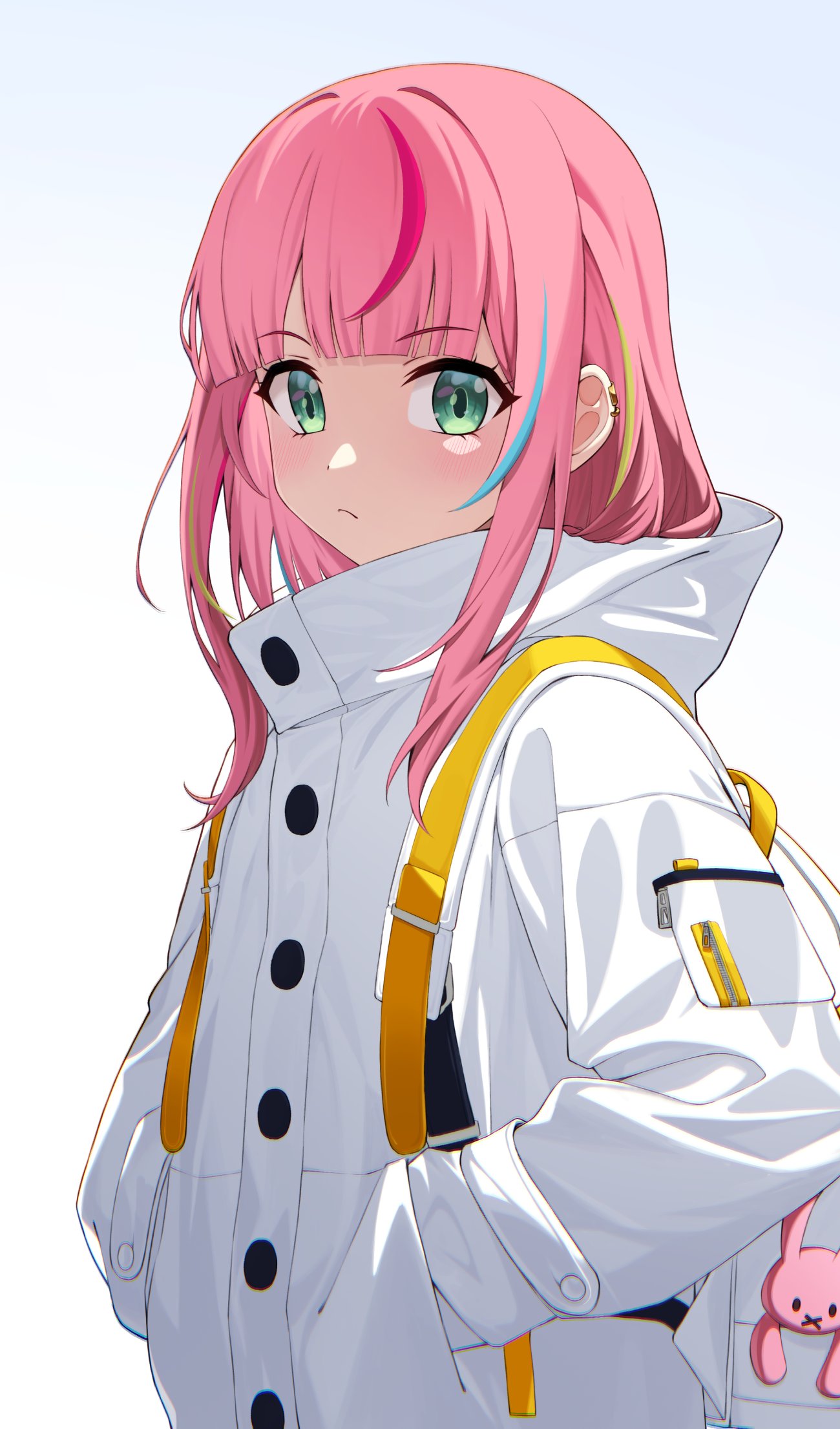 corsetman, hanako nana, peto (hanako nana), stellive, commentary request, highres, korean commentary, 1girl, aqua streaks, chromatic aberration, closed mouth, coat, earclip, expressionless, gradient background, green eyes, green streaks, hands in pockets, long hair, long sleeves, looking at viewer, multicolored hair, pink hair, pink streaks, solo, straight hair, streaked hair, upper body, virtual youtuber, white coat, zipper pull tab