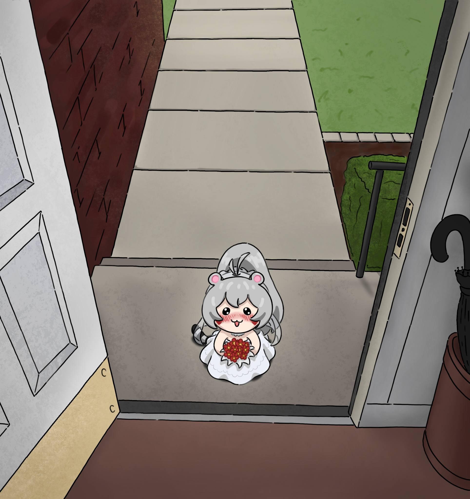 prizraktoski, yuridori (brown dust), brown dust (series), brown dust 2, highres, 1girl, animal ears, antenna hair, blush, bouquet, bush, chibi, doorway, dress, eyebrows hidden by hair, flower, full body, holding, holding bouquet, long hair, looking at viewer, open mouth, ponytail, smile, solo, tail, tiger ears, tiger girl, tiger tail, umbrella, wedding dress, white dress