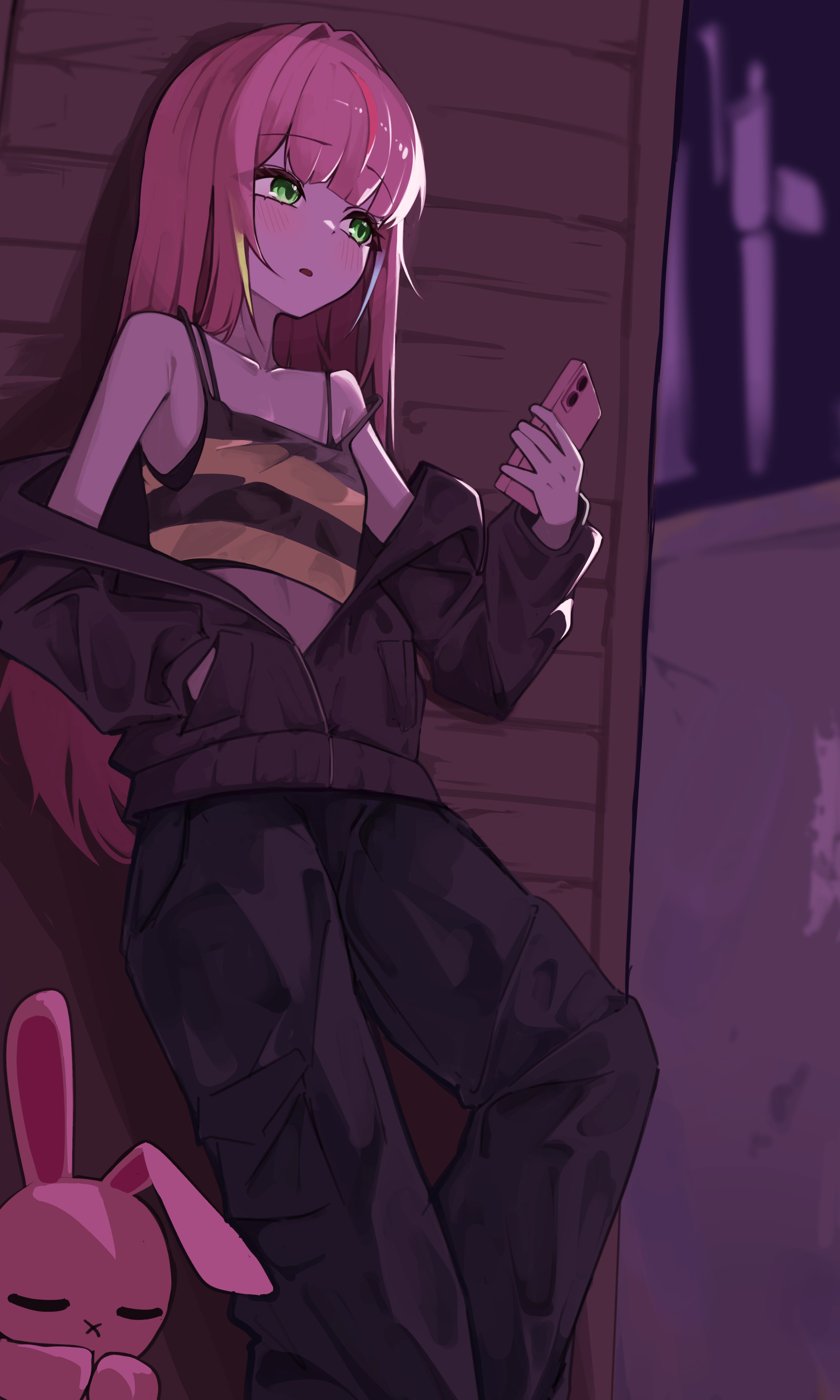 hanako nana, peto (hanako nana), stellive, absurdres, hashtag-only commentary, highres, 1girl, against wall, armpit crease, black jacket, black pants, black sports bra, blonde streaks, camisole, cellphone, crop top, feet out of frame, green eyes, hand in pocket, hand up, holding, holding phone, jacket, light blush, long hair, long sleeves, multicolored hair, night, off shoulder, outdoors, pants, parted lips, partially unzipped, phone, pink hair, red streaks, renibou, smartphone, solo, sports bra, standing, straight hair, streaked hair, striped camisole, virtual youtuber