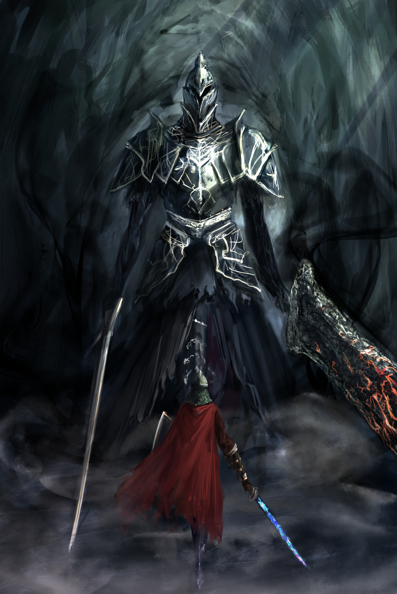 issun boushi (taku37taku), bearer of the curse, fume knight, dark souls (series), dark souls ii, commentary request, highres, 1boy, 1other, ambiguous gender, armor, asymmetrical dual wielding, black armor, black pants, breastplate, cape, dual wielding, full armor, full body, helm, helmet, holding, holding shield, holding sword, holding weapon, knight, pants, pauldrons, red cape, shield, shoulder armor, smoke, standing, sword, weapon