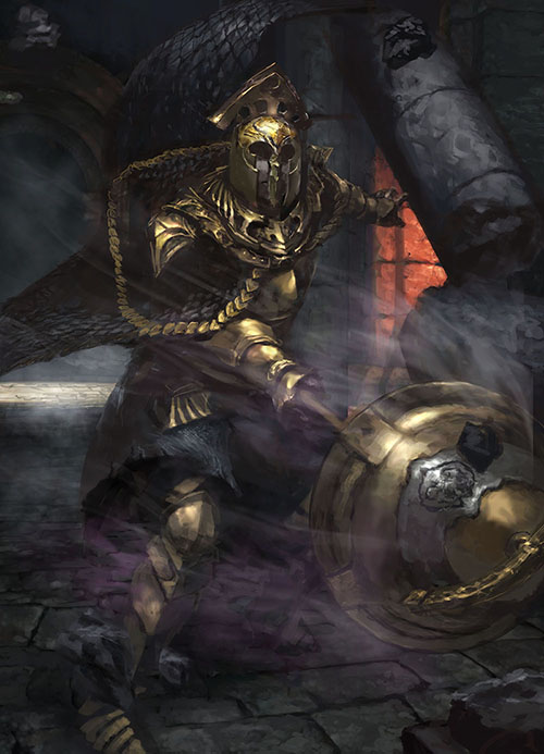 chuno (akiaji81), velstadt the royal aegis, dark souls (series), dark souls ii, commentary request, 1boy, armor, armored boots, beard, black cape, boots, breastplate, cape, club (weapon), column, facial hair, full body, gauntlets, gold, gold armor, helmet, holding, holding club, holding weapon, indoors, male focus, pillar, smoke, smoke trail, solo, weapon