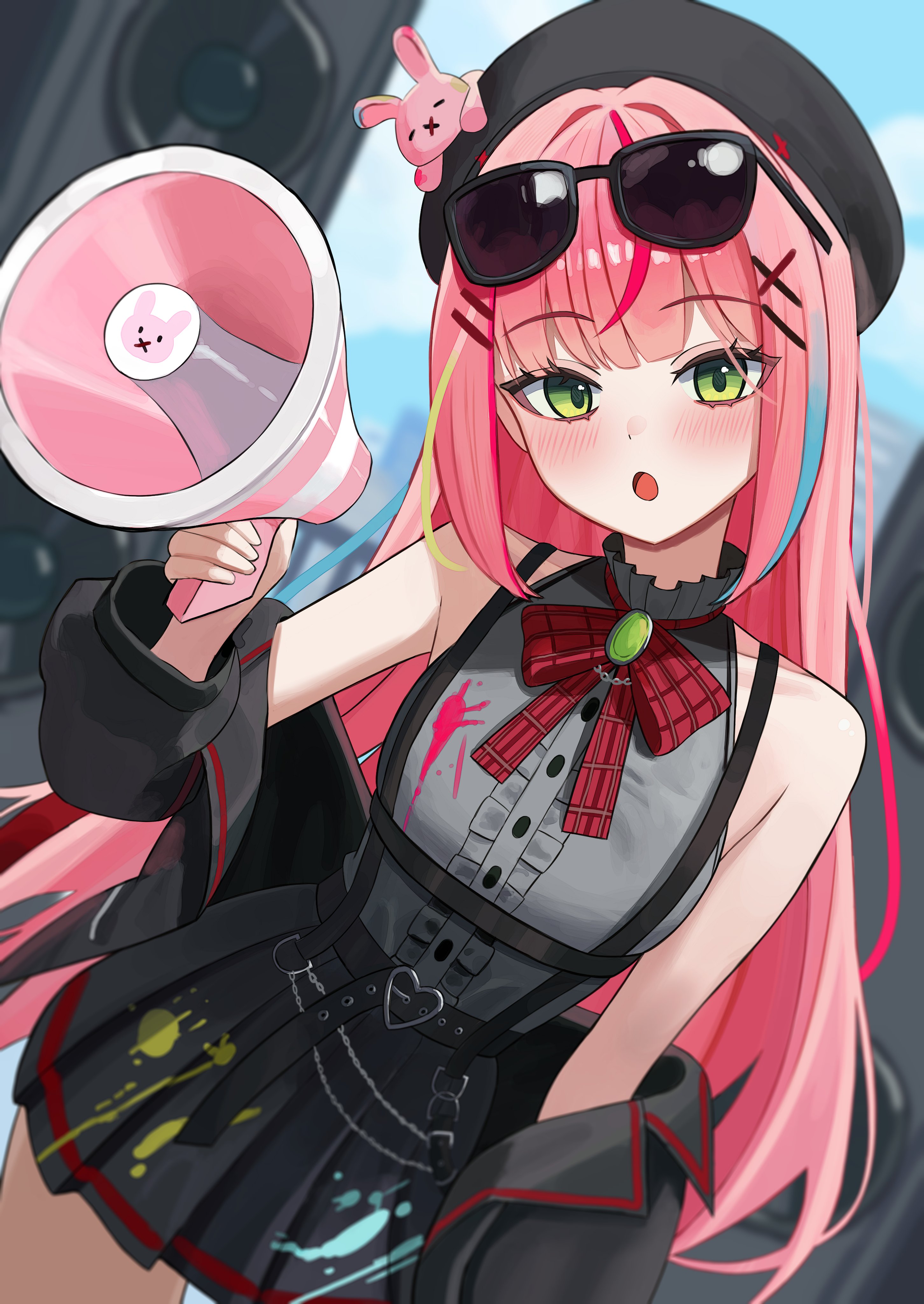 yeoun, hanako nana, peto (hanako nana), stellive, absurdres, commentary request, highres, korean commentary, 1girl, aqua streaks, belt, belt buckle, beret, black belt, black hat, black jacket, black skirt, blush, bow, bowtie, buckle, center frills, chain, collarbone, collared shirt, cowboy shot, dutch angle, eyewear on head, frilled shirt, frilled shirt collar, frills, green eyes, green streaks, grey shirt, hair ornament, hairclip, hat, head tilt, heart, heart-shaped buckle, holding, holding megaphone, jacket, long hair, long sleeves, looking at viewer, megaphone, miniskirt, multicolored hair, off shoulder, open clothes, open jacket, paint on clothes, paint splatter, parallel hairclips, pink hair, plaid bow, plaid bowtie, plaid clothes, pleated skirt, red bow, red bowtie, red streaks, shirt, shirt tucked in, skirt, sleeveless, sleeveless shirt, solo, speaker, standing, straight-on, straight hair, streaked hair, sunglasses, suspender skirt, suspenders, very long hair, virtual youtuber, x hair ornament