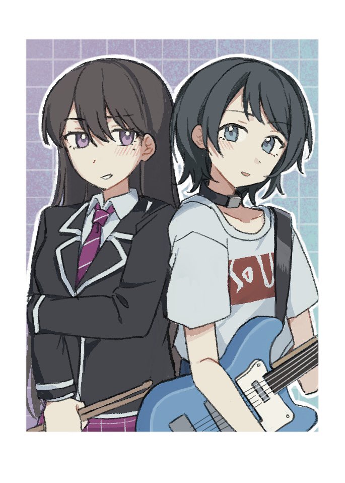 jenjen, shiina taki, yahata umiri, bang dream!, bang dream! it's mygo!!!!!, commentary, hashtag-only commentary, 2girls, 5-string bass guitar, aged down, bass guitar, black choker, black hair, black jacket, blue eyes, choker, diagonal-striped clothes, diagonal-striped necktie, drumsticks, extended range bass guitar, haneoka school uniform, holding, holding drumsticks, holding own arm, instrument, jacket, long hair, mole, mole under eye, multiple girls, necktie, open mouth, purple eyes, purple necktie, school uniform, shirt, short hair, short sleeves, striped clothes, white shirt