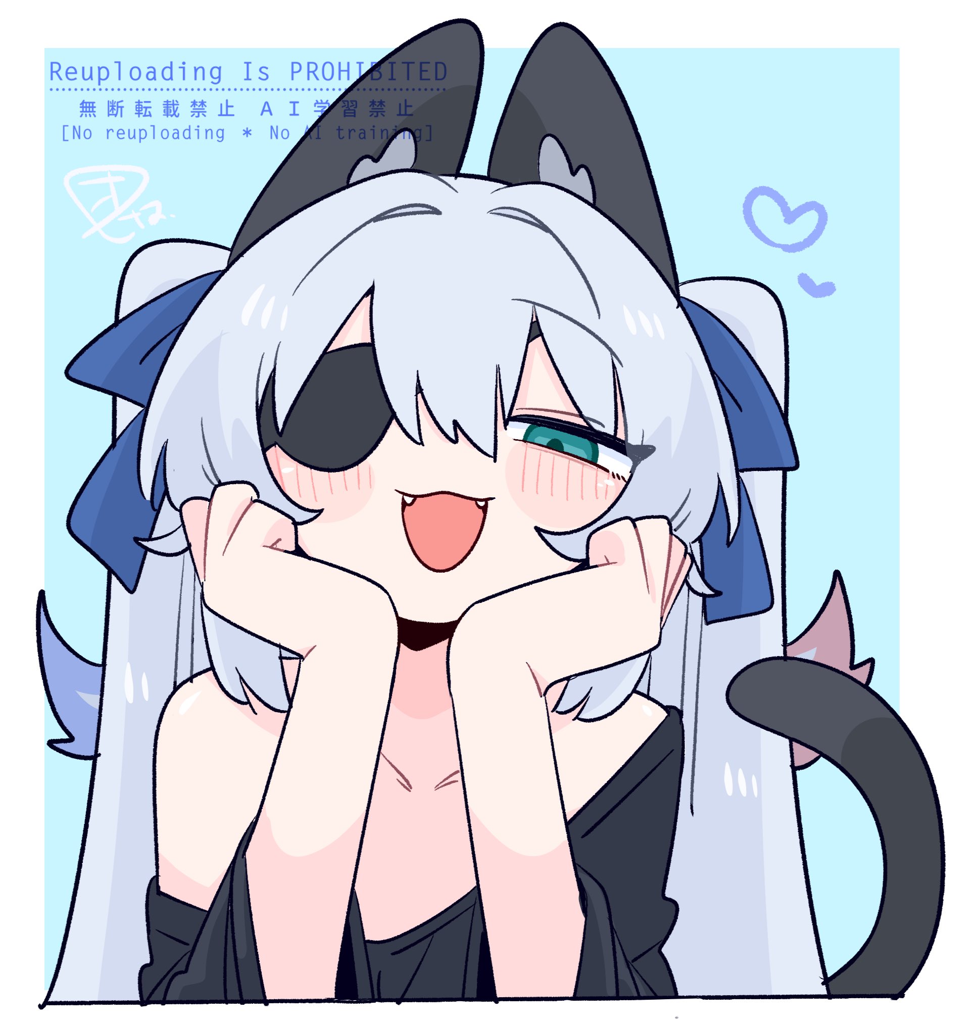 op na yarou, original, commentary, highres, 1boy, :3, :d, animal ear fluff, animal ears, black shirt, blue background, blue bow, blue eyes, blush, border, bow, cat boy, cat ears, cat tail, collarbone, eyepatch, fangs, flipped hair, grey tail, hair between eyes, hair bow, hair intakes, hands up, head rest, heart, long hair, long sleeves, looking at viewer, male focus, narrowed eyes, no nose, open mouth, oversized clothes, raised eyebrows, rigel (op na yarou), shirt, sidelocks, simple background, single bare shoulder, single off shoulder, smile, solo, straight hair, tail, trap, twintails, upper body, watermark, white border, white hair