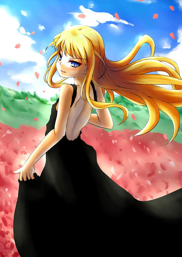 ast exception, fuyutsuki asuto, evangeline a.k. mcdowell, mahou sensei negima!, 00s, 1girl, back, backless dress, backless outfit, bare back, black dress, blonde hair, blue eyes, cherry blossoms, dress, female focus, flat chest, long hair, solo, vampire
