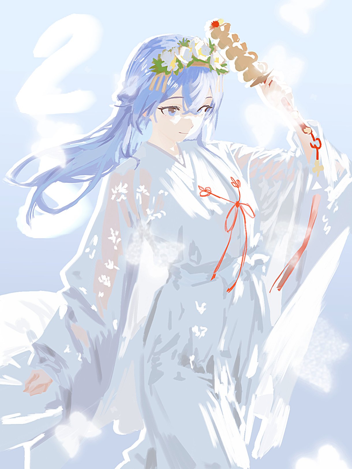 cobwvmeti, suzuki hana, idolmaster, idolmaster shiny colors, highres, 1girl, blue eyes, blue hair, closed mouth, floating hair, flower hairband, holding, japanese clothes, kimono, light smile, long hair, long sleeves, see-through clothes, see-through sleeves, solo, standing, white kimono