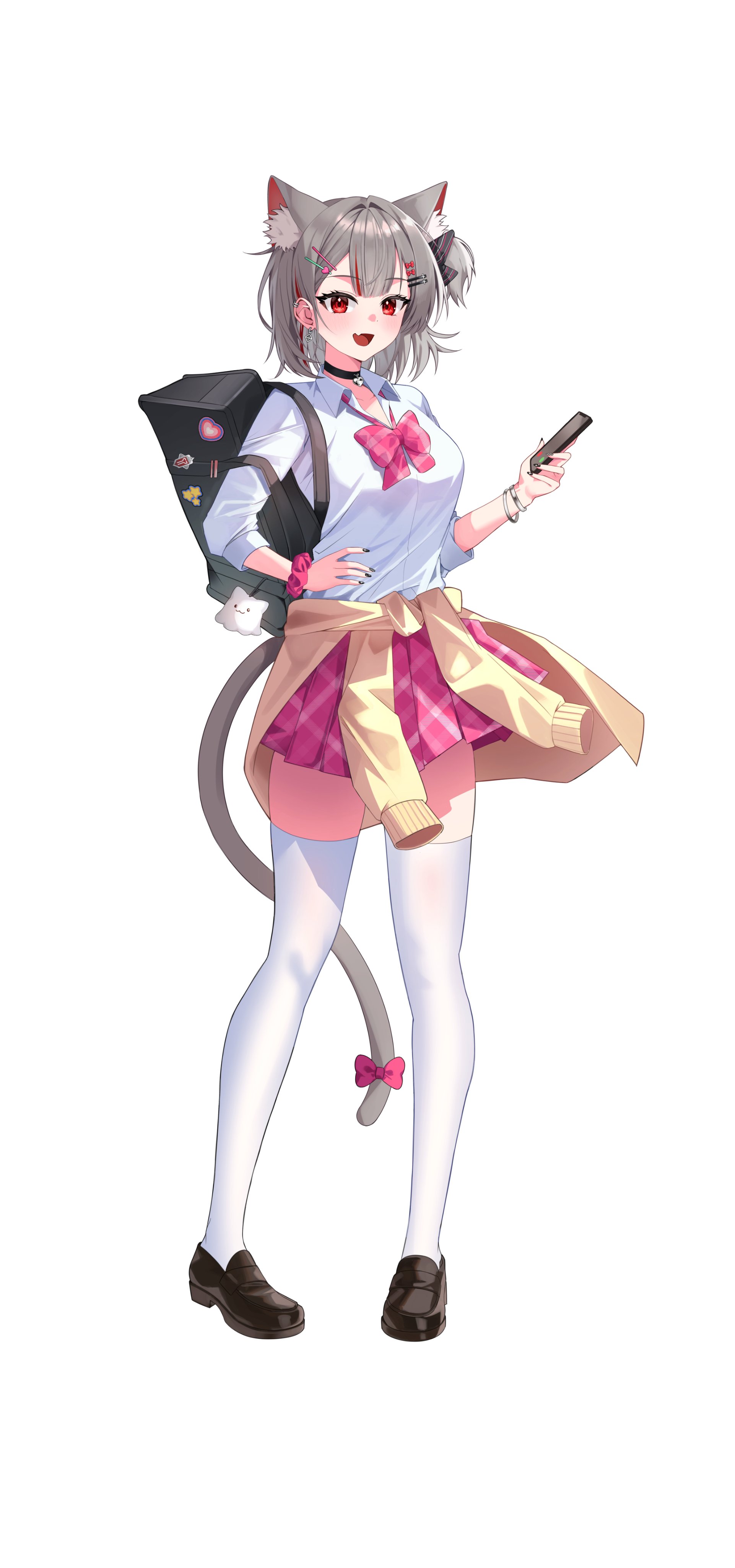 zhxms123, neneko mashiro, stellive, absurdres, highres, 1girl, animal ear fluff, animal ears, black choker, black shoes, bow, bowtie, cat ears, cat girl, cat tail, cellphone, choker, collared shirt, extra ears, full body, grey hair, hair ornament, hairclip, holding, holding phone, loafers, long sleeves, looking at viewer, multicolored hair, open mouth, parallel hairclips, phone, pink bow, pink bowtie, pink skirt, red eyes, red hair, school uniform, shirt, shoes, short hair, simple background, skirt, smartphone, smile, solo, standing, streaked hair, tail, thighhighs, virtual youtuber, white background, white shirt, white thighhighs, zettai ryouiki