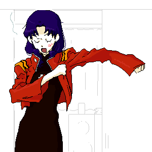 gen (susono01), katsuragi misato, neon genesis evangelion, uniform, lowres, dressing, oekaki, purple hair, solo