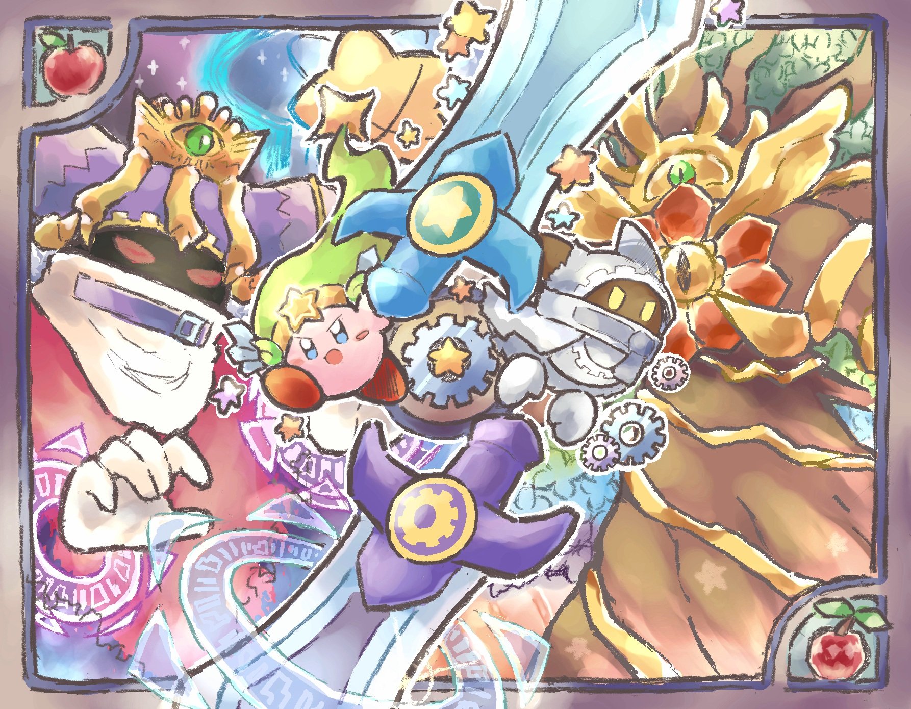 kirby, magolor, master crown (tree), sword kirby, traitor magolor, ultra sword kirby, kirby's return to dream land deluxe, kirby (series), magolor epilogue, nintendo, highres, apple, blush stickers, colored skin, crown, food, fruit, gem apple, gloves, holding, holding sword, holding weapon, hoshi ume 01414, huge weapon, interdimensional magolor, master crown, one-eyed, pink skin, planet popstar, rayman limbs, star (symbol), sword, torn clothes, tree, ultra sword, weapon, white gloves, yellow eyes