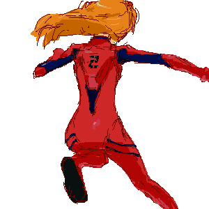 gen (susono01), souryuu asuka langley, neon genesis evangelion, lowres, 1girl, back, female focus, jumping, leg lift, long hair, mecha pilot suit, oekaki, orange hair, outstretched arms, plugsuit (evangelion), red hair, simple background, solo, spread arms