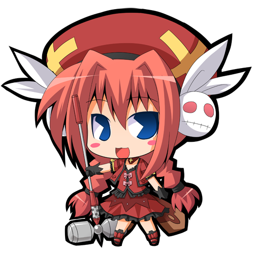 suntail, graf eisen, vita (nanoha), lyrical nanoha, mahou shoujo lyrical nanoha, mahou shoujo lyrical nanoha a's, lowres, 00s, :3, beret, blue eyes, braid, chibi, dress, hat, long hair, pac-man eyes, red hair, smile, solo, twin braids