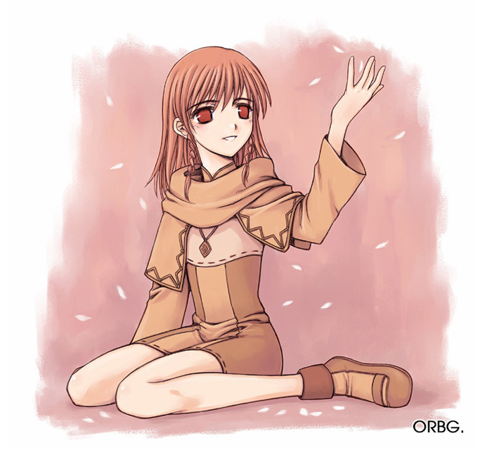 orebalgum, triona, mabinogi, commentary request, korean commentary, 1girl, blush, braid, braided sidelock, brown dress, brown shoes, capelet, dress, full body, impasto, jewelry, long hair, long sleeves, multicolored shoes, necklace, no pupils, orange background, orange eyes, orange hair, parted lips, pendant, ribbon-trimmed dress, ribbon trim, scarf, shoes, sidelocks, sitting, solo, straight hair, teeth, turtleneck, twin braids, two-tone dress, two-tone shoes, wariza, watermark, web address, white petals, wide sleeves, yellow capelet, yellow dress, yellow scarf, yellow shoes, yellow sleeves