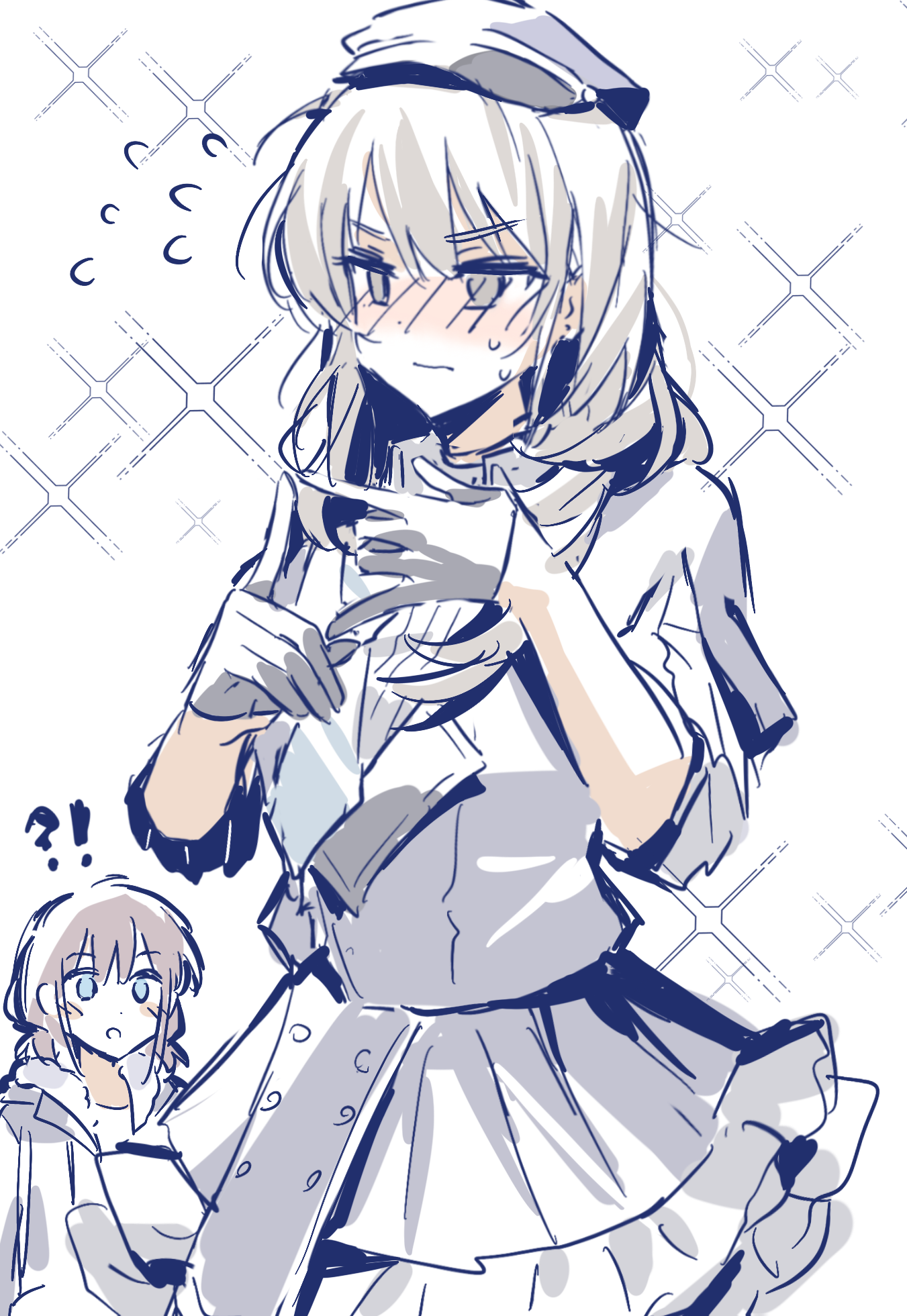 iseri nina, kawaragi momoka, girls band cry, chinese commentary, commentary request, highres, !?, 2girls, black gloves, black jacket, blue eyes, blue hat, blush, brown hair, closed mouth, gloves, grey eyes, grey hair, guan zhuang zhen ye lin, hat, jacket, long hair, low twintails, multiple girls, short hair, short sleeves, short twintails, sweatdrop, twintails