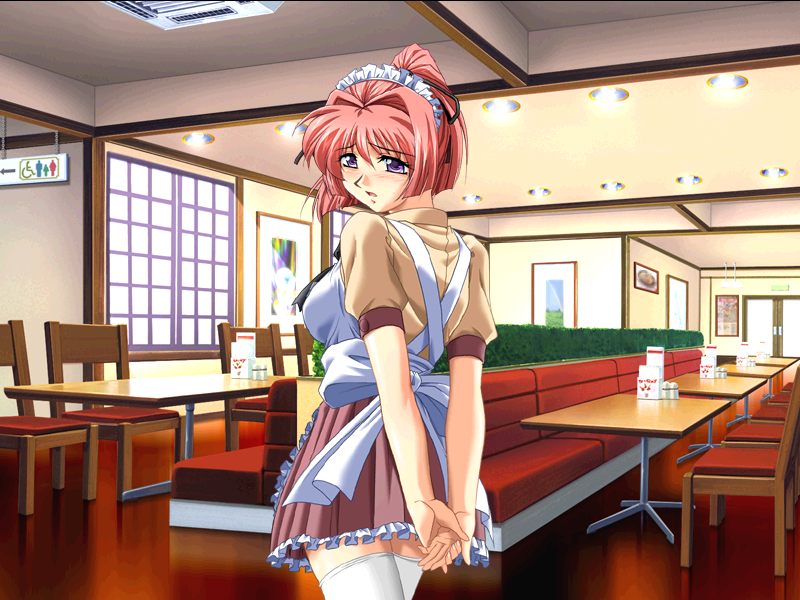 game cg, non-web source, 1girl, female focus, looking back, pink hair, ponytail, purple eyes, restaurant, short hair, solo, tachi-e, thighhighs, waitress