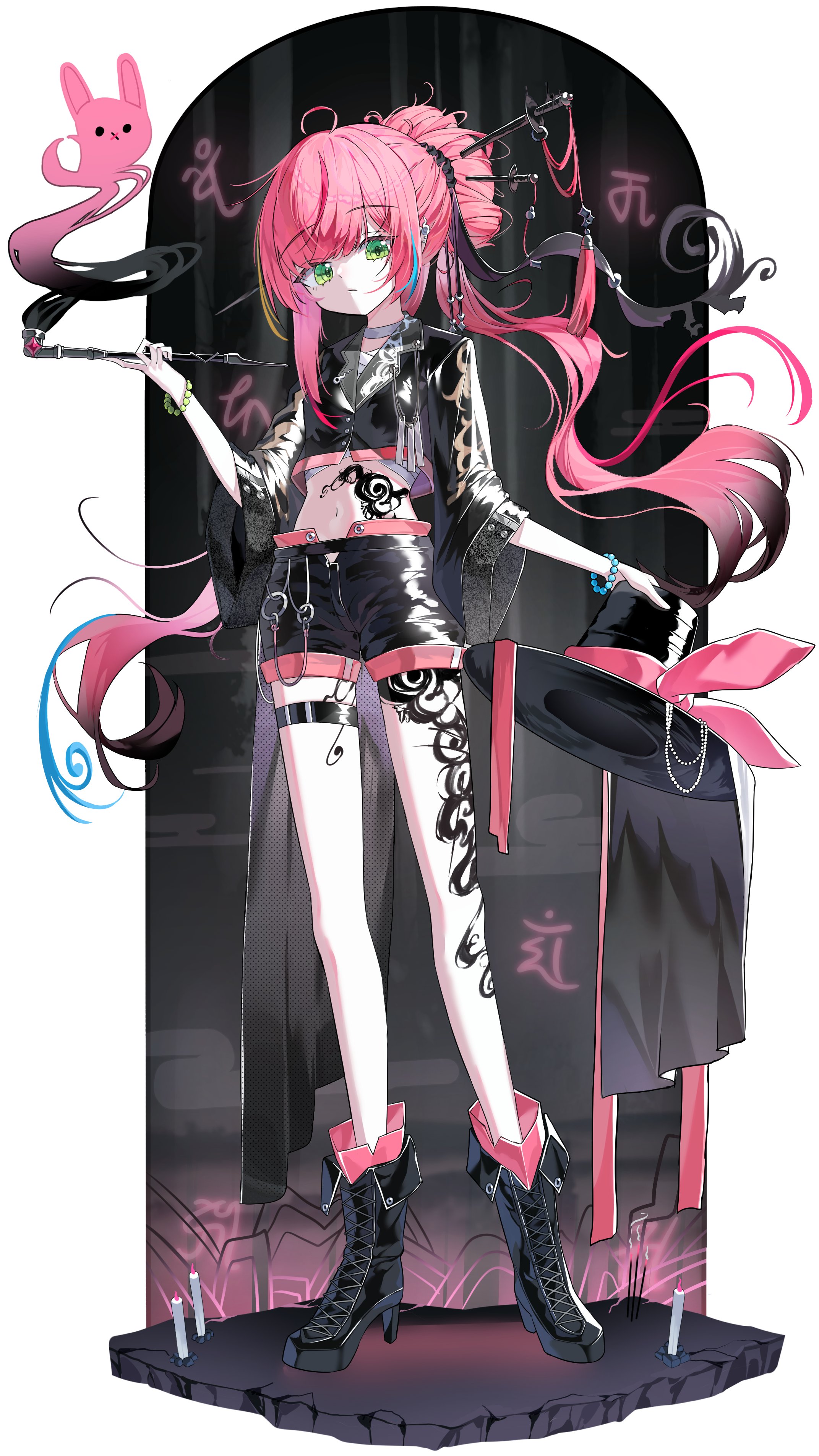 chewi, hanako nana, peto (hanako nana), stellive, absurdres, commentary request, highres, korean commentary, 1girl, ahoge, aqua streaks, black boots, black hat, black scrunchie, black shirt, black shorts, boots, border, bracelet, candle, choker, closed mouth, colored tips, crop top, cropped shirt, expressionless, full body, gradient hair, green eyes, green streaks, hair ornament, hair scrunchie, hand up, hat, holding, holding smoking pipe, holding unworn clothes, holding unworn hat, jewelry, lace-up boots, leather shirt, leather shorts, leg tattoo, long hair, looking at viewer, midriff, multicolored hair, navel, open clothes, open fly, open shorts, outside border, pearl bracelet, pink hair, red streaks, scrunchie, shibari, shibari under clothes, shirt, short shorts, shorts, smoking pipe, solo, standing, stomach tattoo, streaked hair, tattoo, thigh strap, three-quarter sleeves, unworn hat, unworn headwear, very long hair, virtual youtuber, white border, white choker, wide sleeves