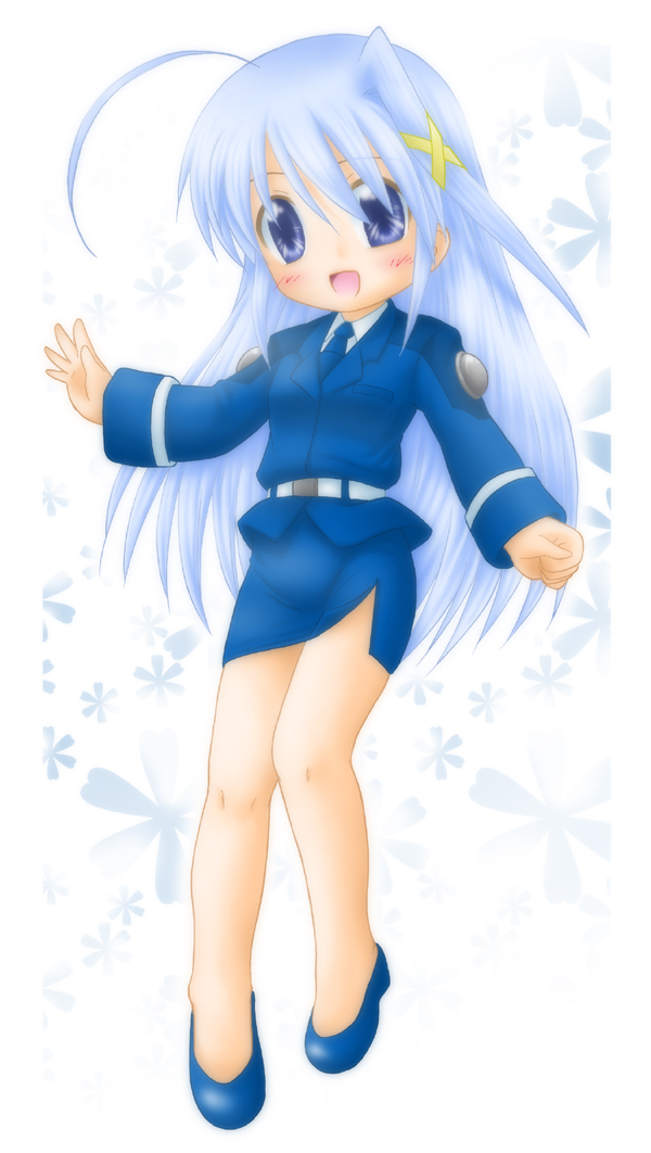 shinozuki takumi, reinforce zwei, lyrical nanoha, mahou shoujo lyrical nanoha, mahou shoujo lyrical nanoha strikers, 00s, 1girl, ahoge, blue eyes, blue hair, female focus, hair ornament, long hair, matching hair/eyes, military, military uniform, mini person, minigirl, miniskirt, necktie, pencil skirt, skirt, smile, solo, x hair ornament