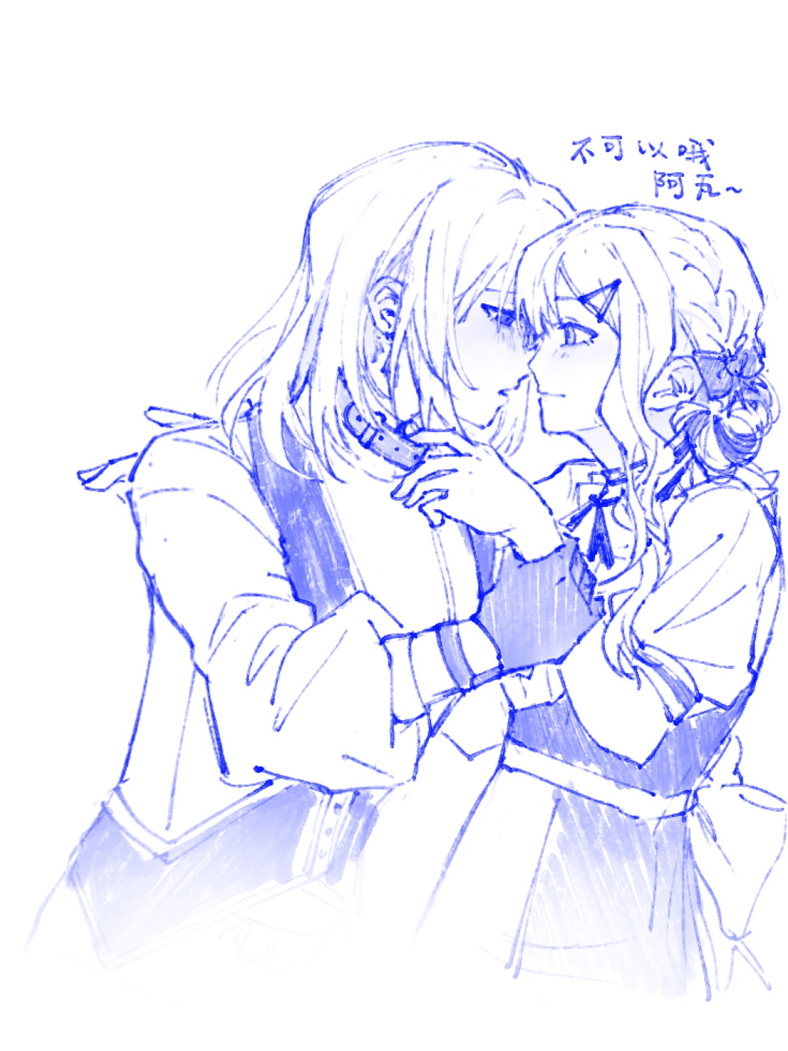 aver (yumenokessho), doloris (bang dream!), misumi uika, bang dream!, bang dream! it's mygo!!!!!, sweets paradise, chinese commentary, commentary request, highres, translation request, 2girls, blue theme, blush, chinese text, chiori000, closed mouth, collar, collar tug, eye contact, gloves, hair ornament, hairclip, holding another's wrist, long sleeves, looking at another, medium hair, multiple girls, open mouth, shirt, sidelocks, vest, yumenokessho, yuri