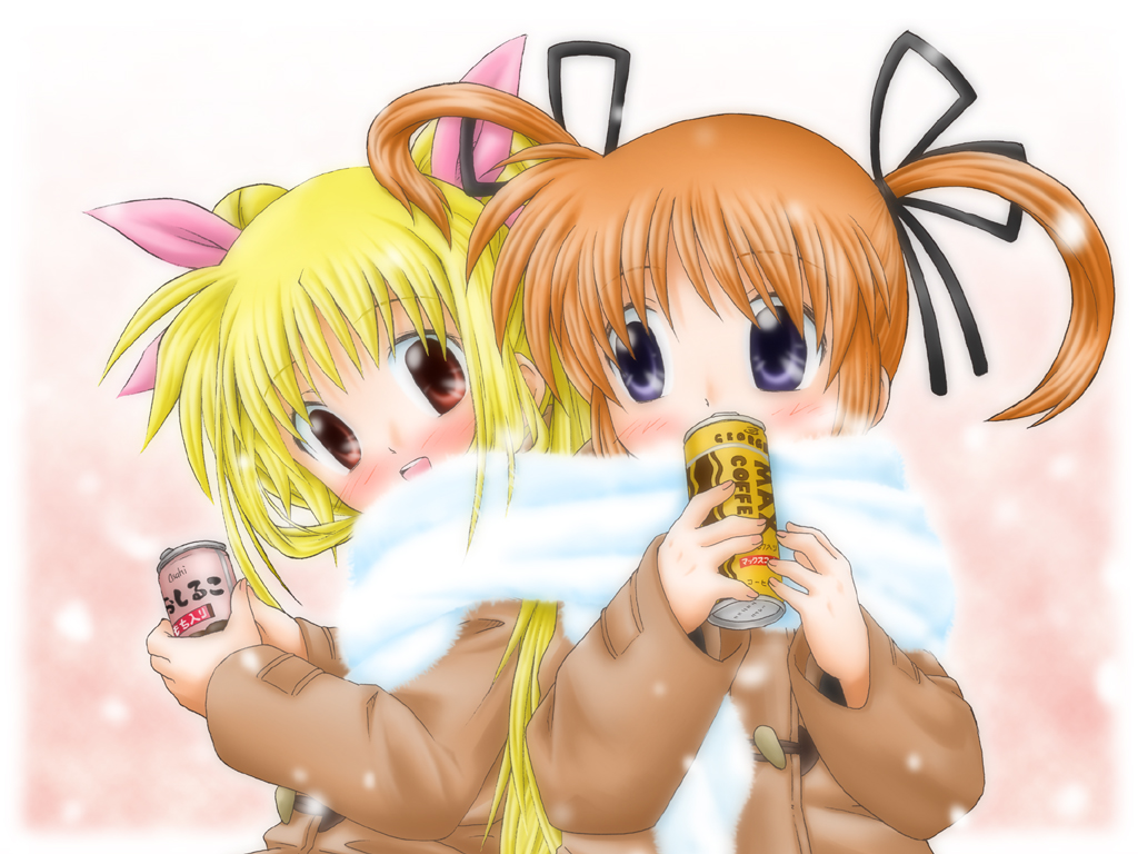 shinozuki takumi, fate testarossa, takamachi nanoha, lyrical nanoha, mahou shoujo lyrical nanoha, 00s, blonde hair, blue eyes, blush, brown hair, can, coffee, hair ribbon, red eyes, ribbon, scarf, shared clothes, shared scarf, snow, twintails, winter clothes, yuri