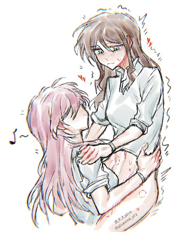 aliveone orz, chihaya anon, nagasaki soyo, bang dream!, bang dream! it's mygo!!!!!, commentary, symbol-only commentary, 2girls, bite mark, blue eyes, blush, bottomless, breasts, brown hair, closed mouth, hair between eyes, long hair, medium breasts, multiple girls, pink hair, shirt, sidelocks, simple background, white background, white shirt, yuri