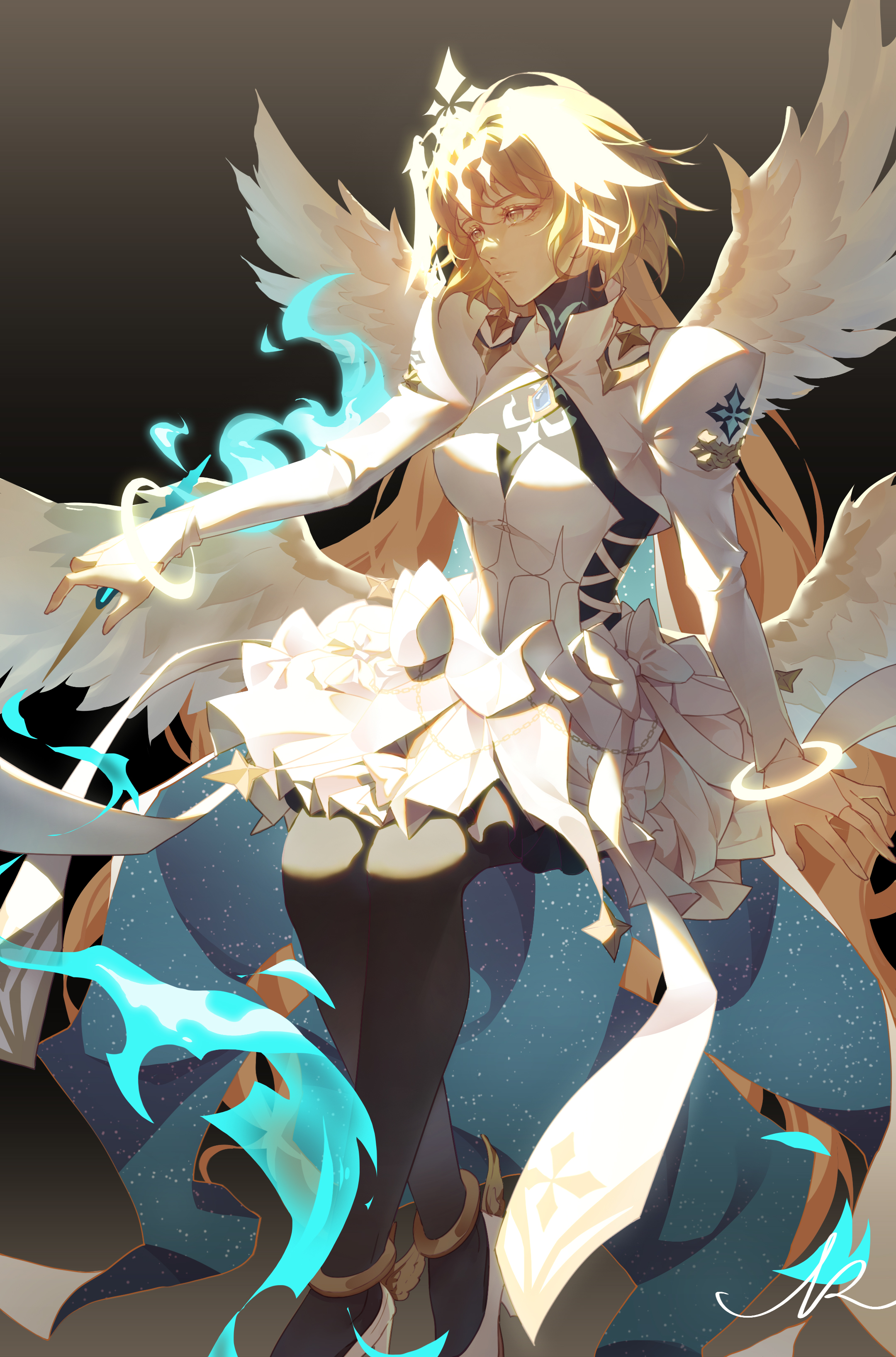 jeanne d'arc (fate), metatron jeanne (fate), metatron jeanne (third ascension) (fate), fate/grand order, fate (series), absurdres, commentary request, highres, 1girl, angel, angel wings, black pantyhose, blonde hair, dress, feathered wings, gold anklet, high heels, long hair, multiple wings, pantyhose, sitting, solo, white dress, wings, z noah