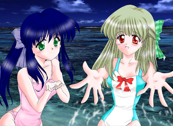 famille, kawasumi mai, kurata sayuri, kanon, blue hair, green eyes, green hair, long hair, one-piece swimsuit, red eyes, splashing, swimsuit, water