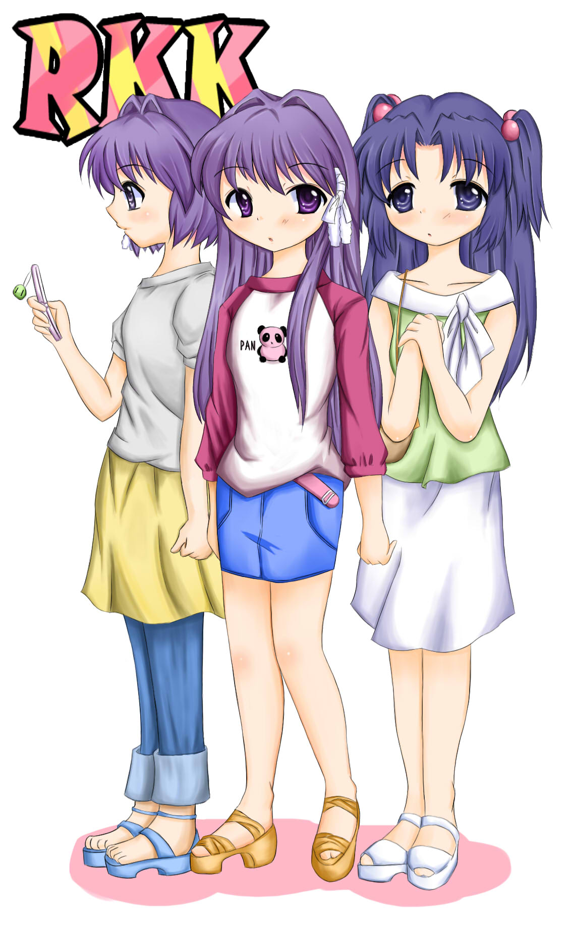 fujieda hiro, fujibayashi kyou, fujibayashi ryou, ichinose kotomi, clannad, highres, 00s, 3girls, blue eyes, blue hair, casual, cellphone, long hair, multiple girls, phone, purple eyes, purple hair, short hair, siblings, sisters, twins