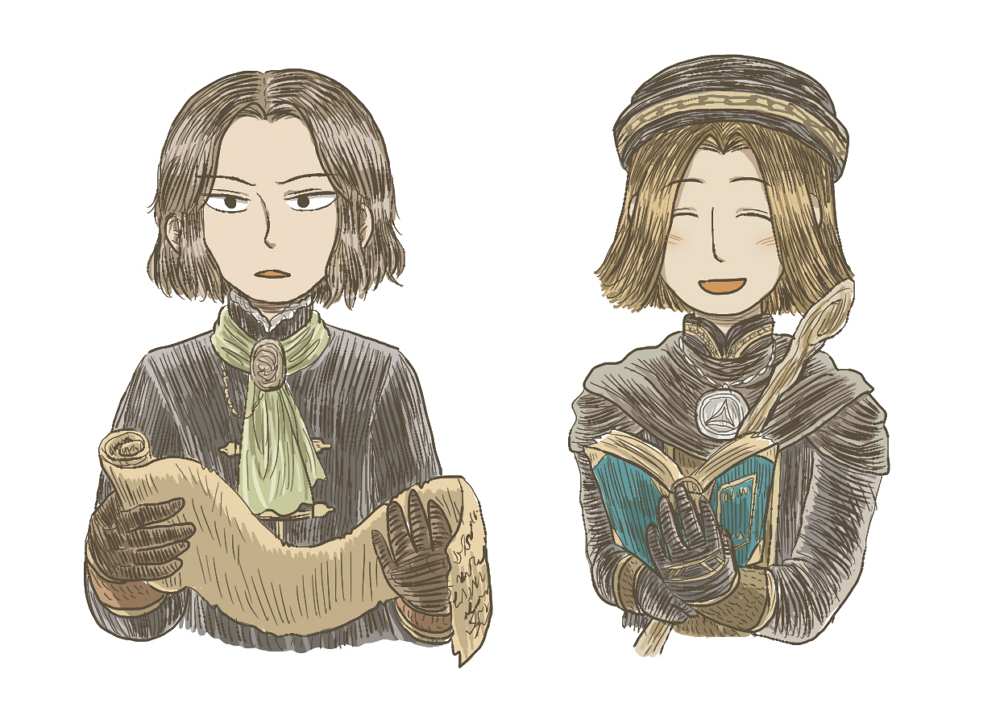 griggs of vinheim, orbeck of vinheim, dark souls (series), dark souls i, dark souls iii, commentary request, 2boys, black eyes, black gloves, black robe, book, brown gloves, brown hair, closed eyes, empthylee, gloves, holding, holding book, holding scroll, jewelry, male focus, multiple boys, necklace, open mouth, robe, scroll, short hair, simple background, smile, staff, upper body, white background