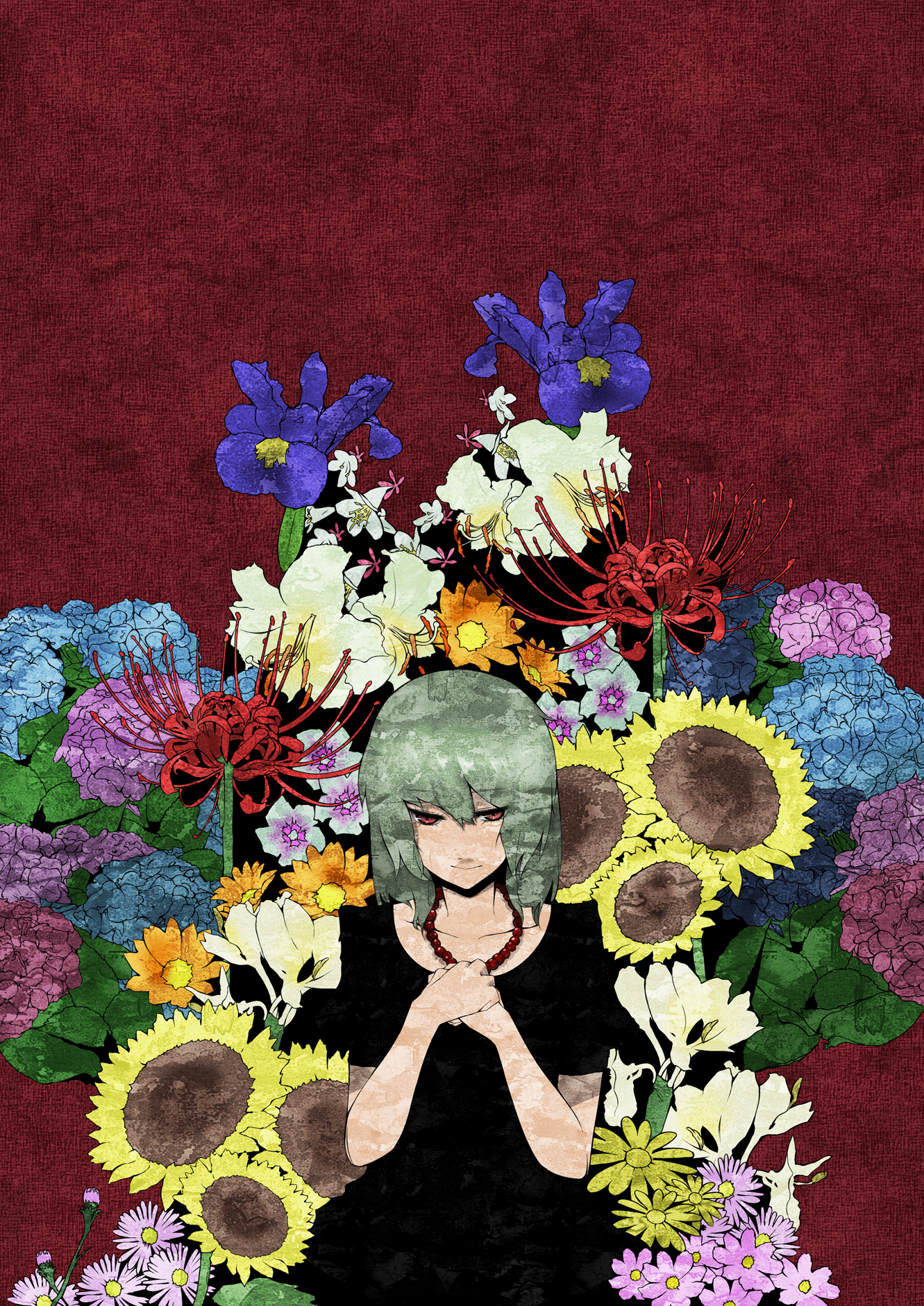melonpan (meidocafer), meronpan (artist), kazami yuuka, touhou, highres, 1girl, alternate costume, dress, female focus, flower, green hair, hands on own chest, jewelry, light smile, necklace, red eyes, red flower, solo, spider lily, sunflower