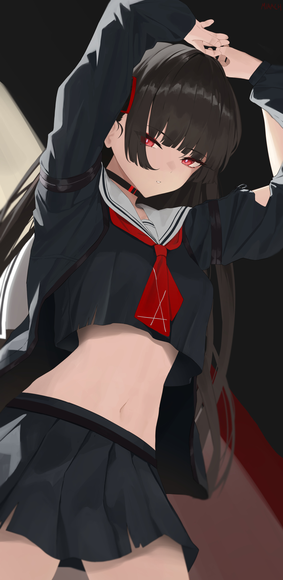 nev (nevblindarts), chisa (wuthering waves), wuthering waves, commentary, highres, paid reward available, 1girl, arms up, black choker, black hair, black shirt, black skirt, breasts, choker, closed mouth, crop top, hair ribbon, long hair, looking at viewer, medium breasts, navel, red eyes, red ribbon, ribbon, sailor collar, shirt, skirt, solo, stomach, white sailor collar
