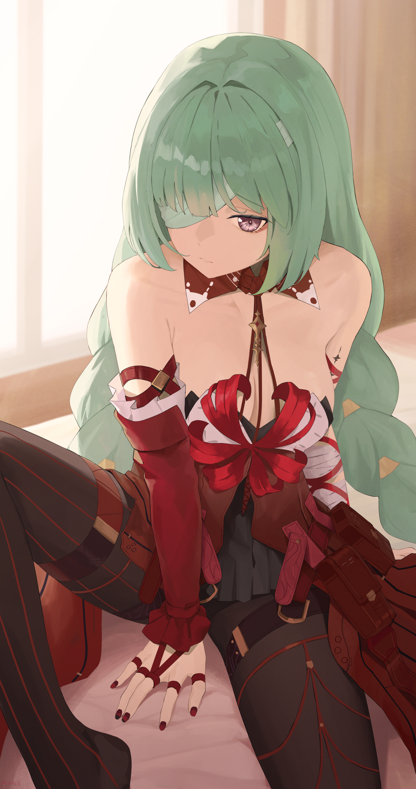 nev (nevblindarts), phrolova (wuthering waves), wuthering waves, absurdres, commentary, highres, paid reward available, 1girl, bandage over one eye, bare shoulders, black pantyhose, black skirt, braid, breasts, cleavage, closed mouth, detached sleeves, dress, grey hair, halter dress, halterneck, indoors, long hair, low twin braids, medium breasts, on bed, pantyhose, purple eyes, red dress, single detached sleeve, sitting, skirt, solo, tacet mark (wuthering waves), twin braids