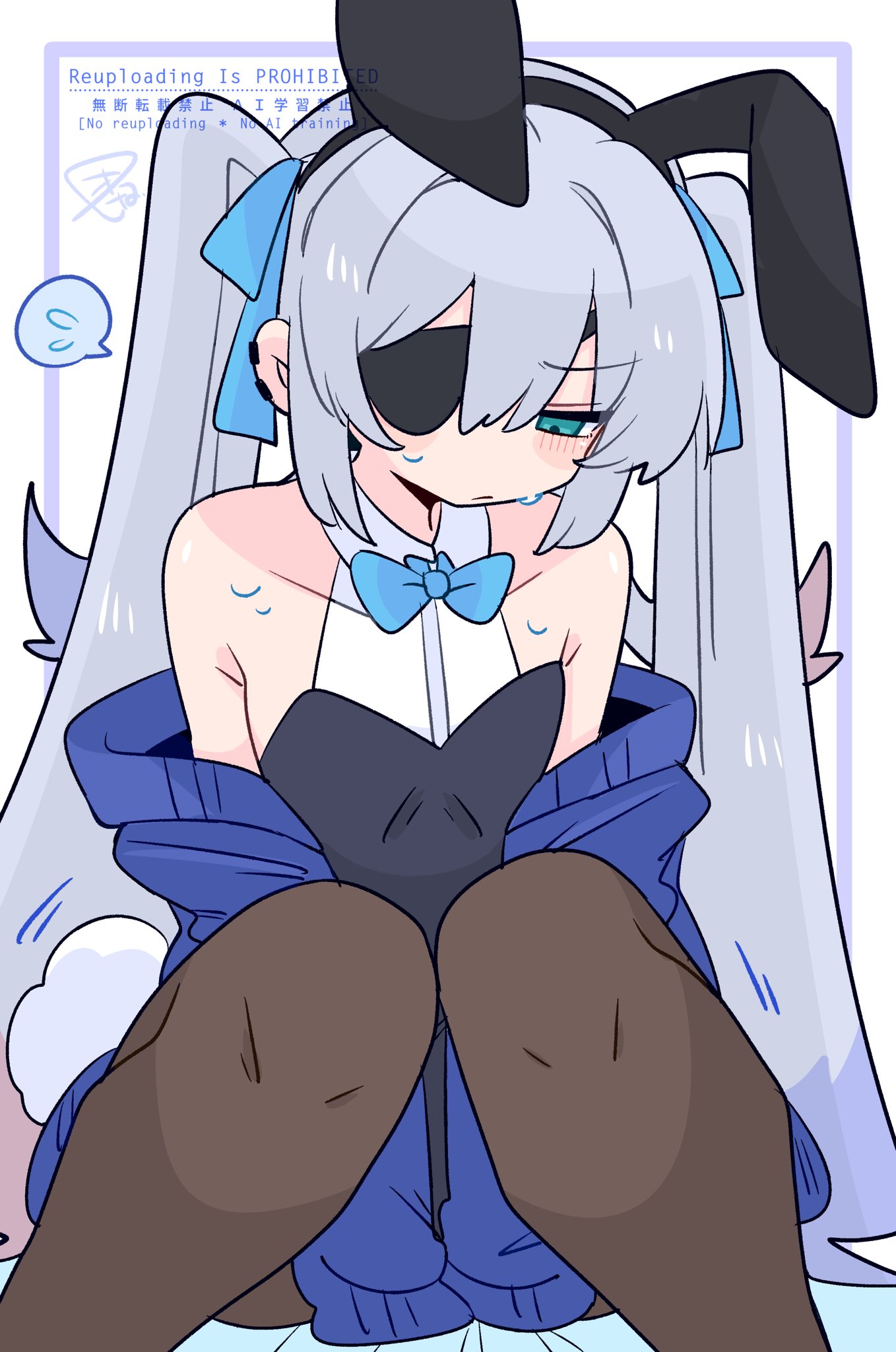 op na yarou, original, commentary, highres, 1boy, :/, animal ear hairband, animal ears, arms between legs, bare shoulders, black hairband, black leotard, black pantyhose, blue bow, blue bowtie, blue cardigan, blue eyes, blush, bow, bowtie, cardigan, collarbone, crossdressing, crossdressing (mtf), earclip, eyepatch, fake animal ears, feet out of frame, flipped hair, furrowed brow, hair between eyes, hair bow, hair intakes, hairband, leotard, long hair, looking down, male focus, male playboy bunny, motion lines, no nose, one eye covered, open cardigan, open clothes, pantyhose, playboy bunny, rabbit boy, rabbit ear hairband, rabbit ears, rabbit tail, rigel (op na yarou), sidelocks, simple background, sitting, sleeves past fingers, sleeves past wrists, solo, speech bubble, spoken sweatdrop, straight hair, sweat, sweatdrop, tail, trap, very long hair, watermark, white background, white hair
