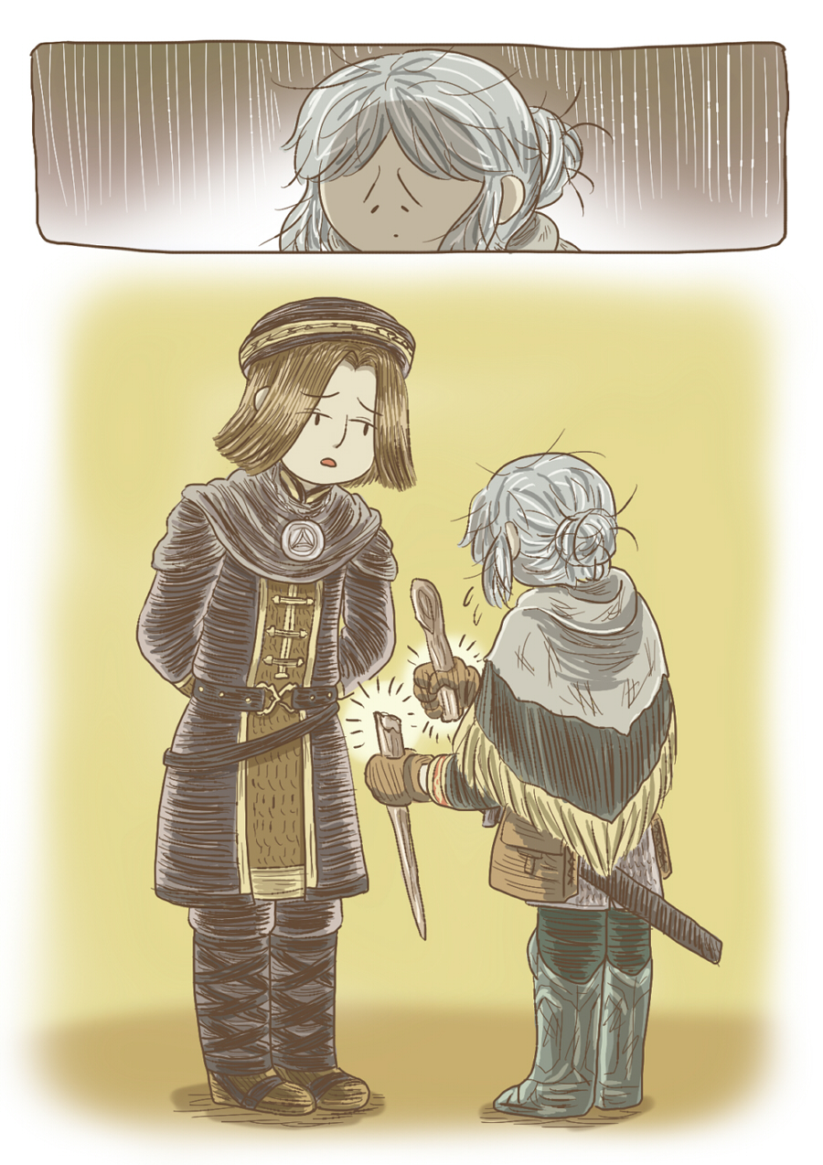 chosen undead, griggs of vinheim, dark souls (series), dark souls i, commentary request, highres, 1boy, 1girl, armored boots, black boots, black hat, black robe, boots, broken staff, brown hair, capelet, curtained hair, empthylee, full body, grey capelet, grey hair, hair bun, hat, long sleeves, looking at another, messy hair, open mouth, robe, short hair, single hair bun, standing
