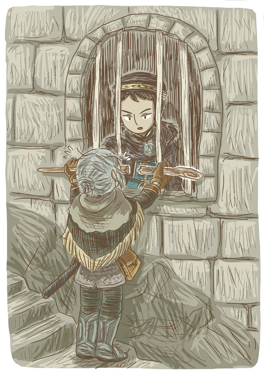 chosen undead, rickert of vinheim, dark souls (series), dark souls i, commentary request, highres, 1boy, 1girl, armored boots, black hair, black hat, boots, border, broken staff, brown gloves, capelet, empthylee, full body, gloves, grey capelet, hat, holding, holding staff, iron bars, jewelry, looking at another, necklace, open mouth, staff, stairs, standing, white border