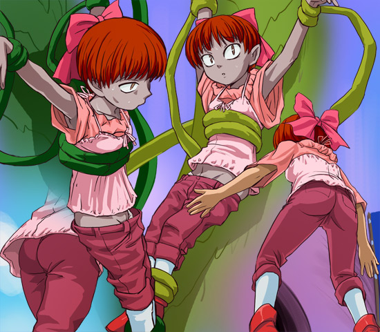 haruyama kazunori, nekomusume, gegege no kitarou, toei company, 1girl, armpit peek, bow, clothes pull, panties, pants, pants pull, pink bow, pointy ears, red hair, short hair, underwear