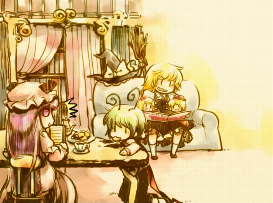 upg, aki minoriko, aki shizuha, kirisame marisa, patchouli knowledge, wriggle nightbug, touhou, bad id, 5girls, antennae, blonde hair, book, broom, chair, child, couch, cup, eating, female focus, food, green hair, hat, hat ribbon, indoors, kneeling, multiple girls, open book, purple eyes, purple hair, reading, ribbon, sitting, table, witch, witch hat