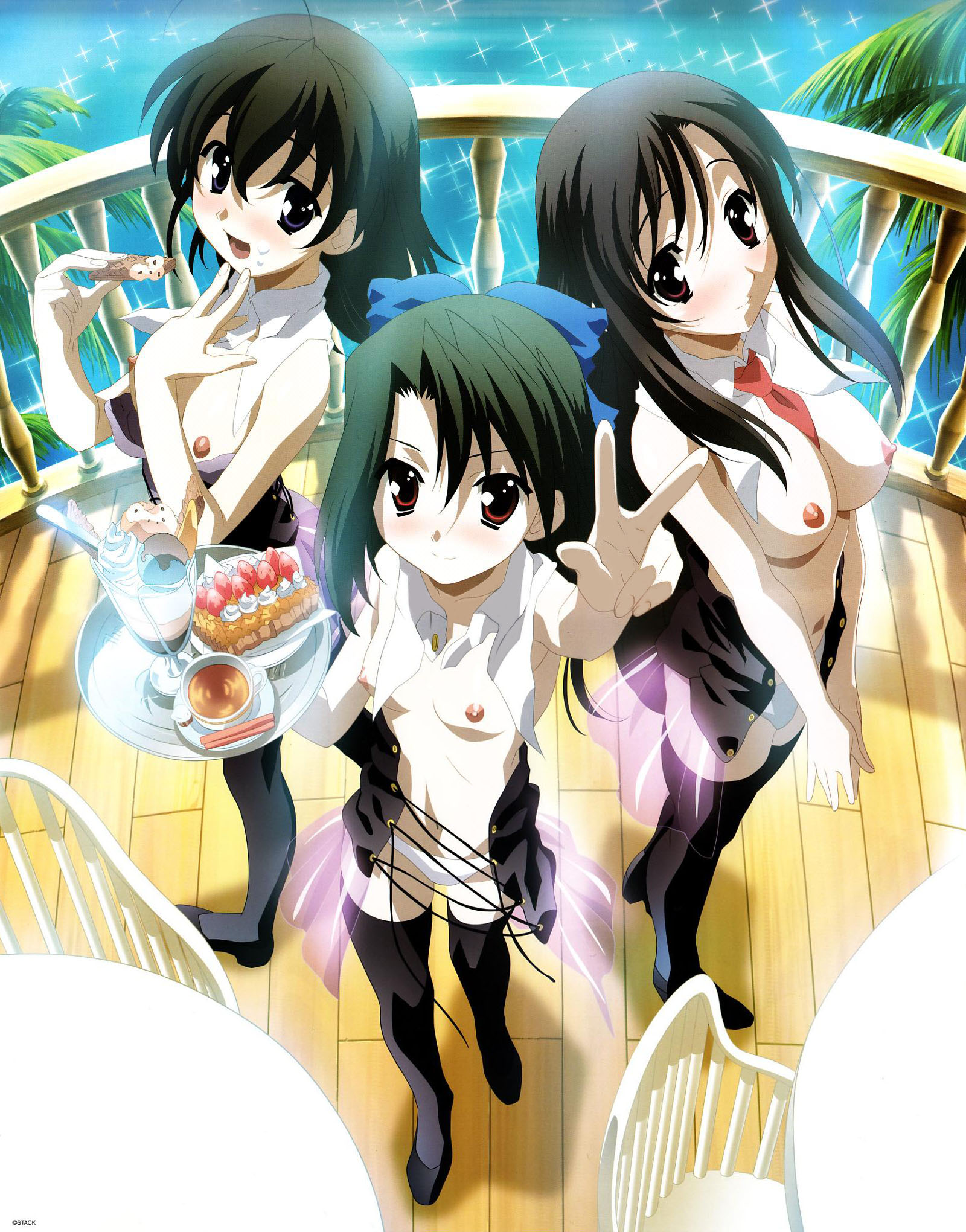 katsura kotonoha, kiyoura setsuna, saionji sekai, school days, summer days, highres, non-web source, third-party edit, 00s, 3girls, black hair, blush, breasts, cake, food, ice cream, long hair, medium breasts, multiple girls, nipples, open clothes, open shirt, panties, pastry, purple eyes, red eyes, shirt, short hair, small breasts, tea, thighhighs, topless female, tray, underwear, very long hair
