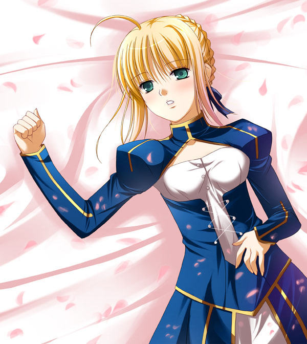shizuku (artist), artoria pendragon (fate), saber (fate), fate/stay night, fate (series), 00s, ahoge, blonde hair, green eyes, petals, pink theme, solo