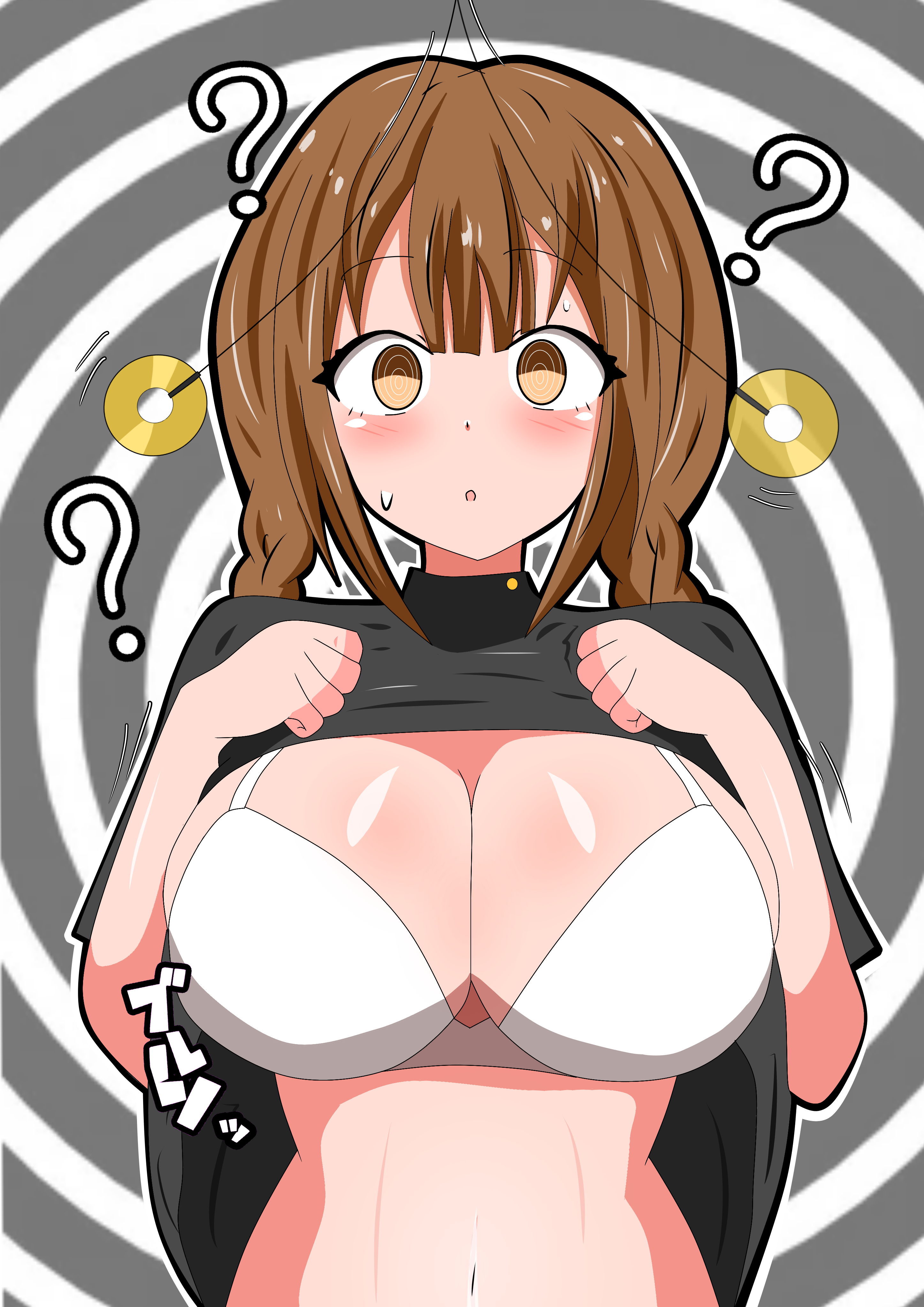ponoka (happy1), cinderella series, hachigatsu no cinderella nine, absurdres, commentary request, highres, 1girl, ?, @ @, blush, bra, braid, breast suppress, breasts, brown eyes, brown hair, center-flap bangs, clothes lift, coin, coin on string, grey background, holed coin, hypnosis, joujima momo, large breasts, low twin braids, mind control, motion lines, navel, parted lips, pendulum, shirt lift, solo, straight-on, sweatdrop, symbol-shaped pupils, tareme, twin braids, underwear, white bra