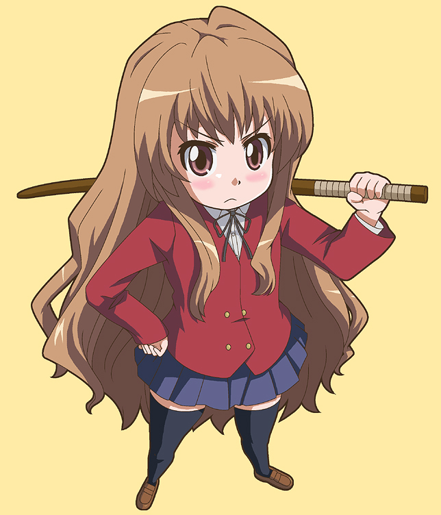 ki (adotadot), aisaka taiga, toradora!, 00s, bokken, brown eyes, brown hair, long hair, school uniform, simple background, skirt, solo, sword, thighhighs, very long hair, weapon, wooden sword, zettai ryouiki