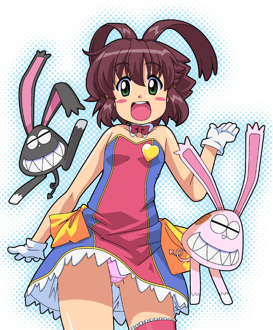 ki (adotadot), yuuma (magipoka), renkin san-kyuu magical pokaan, brown hair, dress, frilled thigh strap, green eyes, panties, pantyshot, smile, solo, thigh strap, thighhighs, underwear
