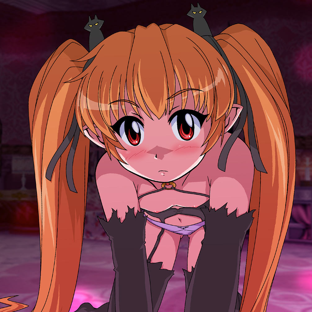 ki (adotadot), pachira, renkin san-kyuu magical pokaan, 1girl, all fours, blonde hair, blush, detached sleeves, female focus, flat chest, garter belt, loli, long hair, nipples, pointy ears, red eyes, solo, thighhighs, twintails, very long hair