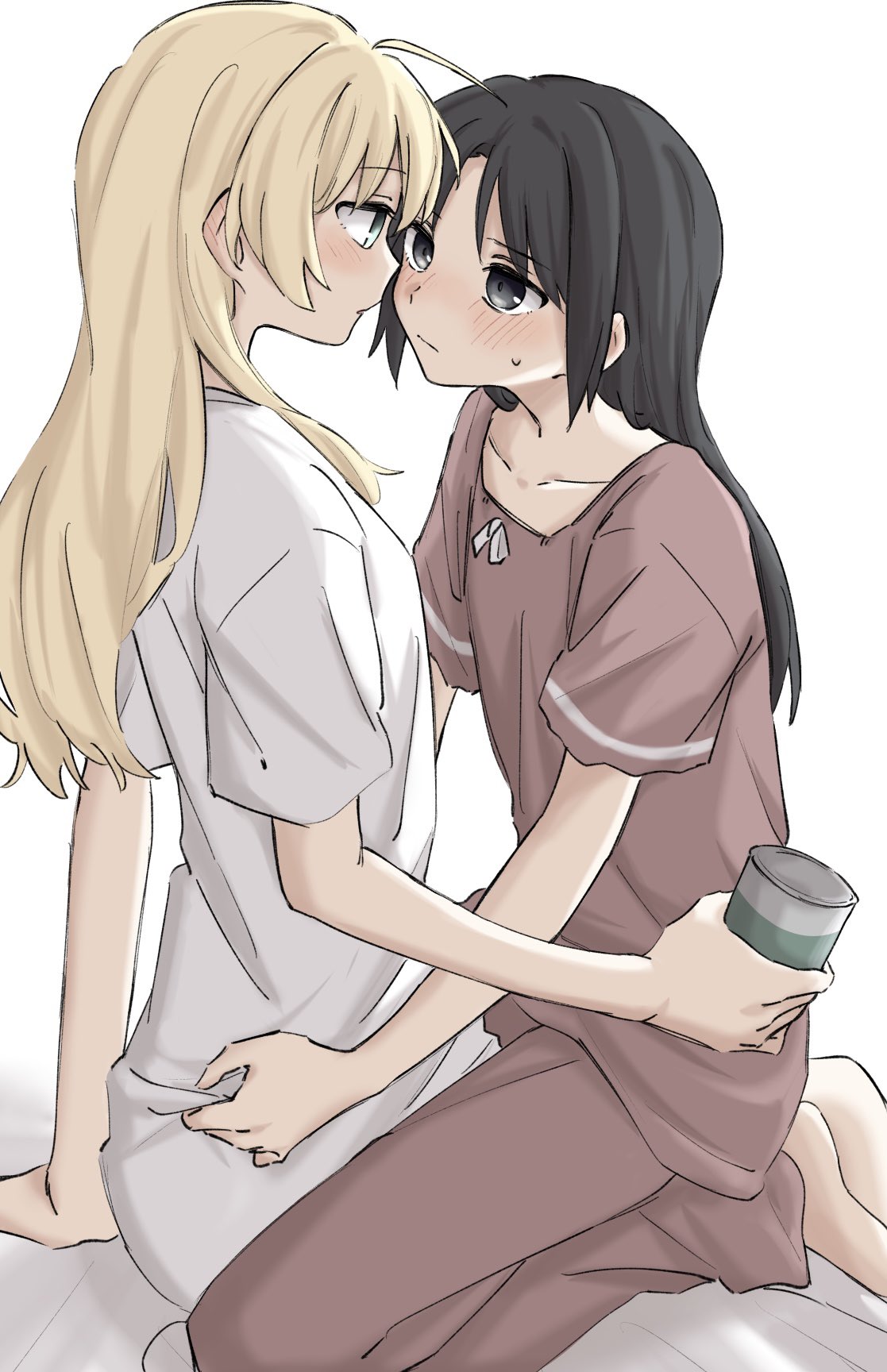 syonosuke9573, chito (shoujo shuumatsu ryokou), yuuri (shoujo shuumatsu ryokou), shoujo shuumatsu ryokou, commentary, highres, 2girls, black eyes, black hair, blonde hair, blue eyes, blush, can, closed mouth, ear blush, holding, holding can, long hair, multiple girls, pajamas, pants, red pants, red shirt, shirt, short sleeves, simple background, sitting, sitting on lap, sitting on person, sweat, white background, white shirt, yuri