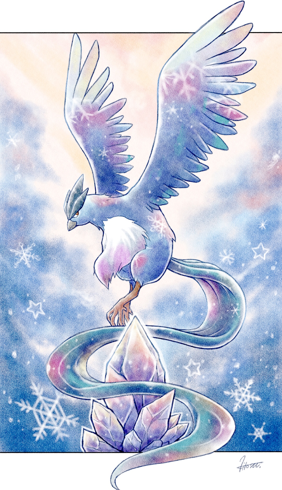 articuno, nintendo, pokemon, artist request, check artist, highres, bird, blue background, full body, gen 1 pokemon, ice crystal, legendary pokemon, nyth3378, outdoors, pokemon (creature), red eyes, snowflakes, solo